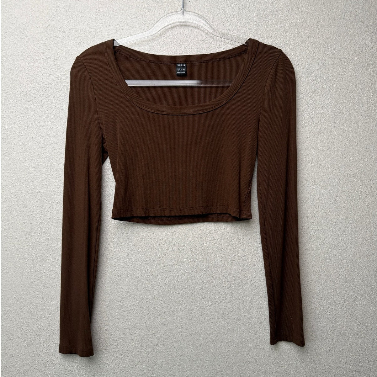SHEIN Brown Ribbed Long Sleeve Square Neck Crop Top Size L