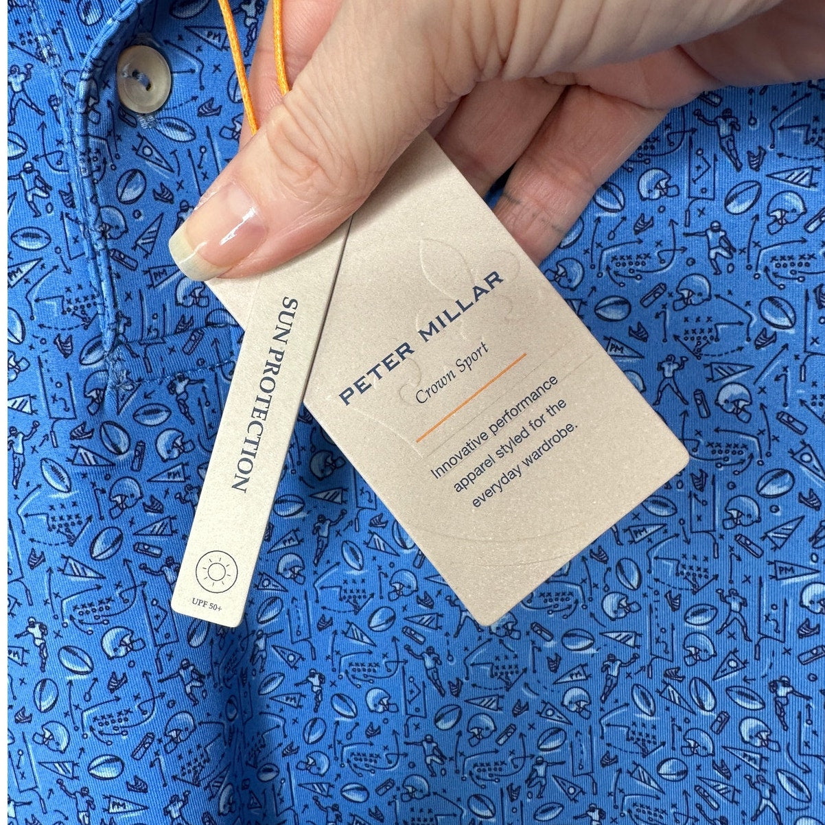 NWT Peter Millar Blue Football Print Short Sleeve Polo Shirt M