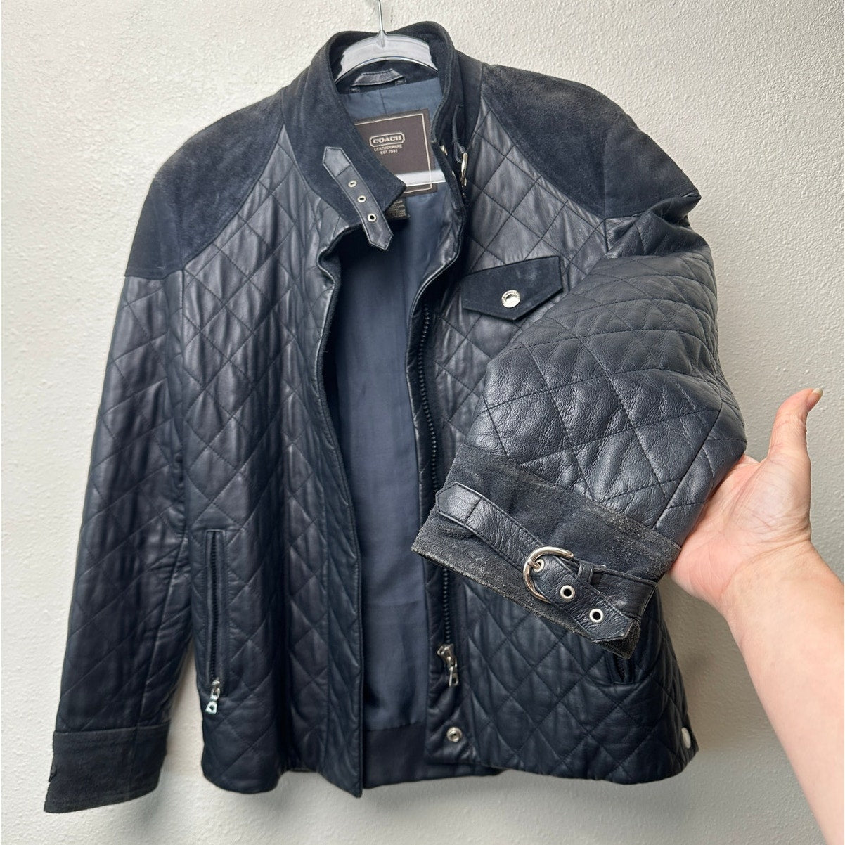 Coach Quilted Leather Jacket Black Women M Suede Trim