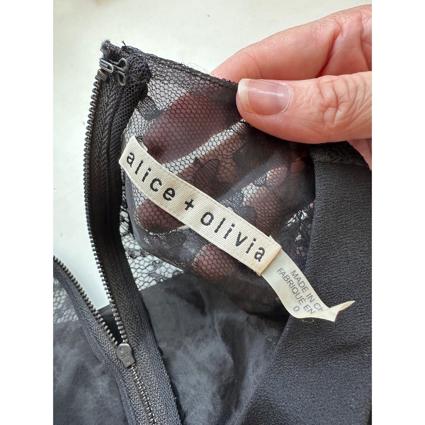 Alice + Olivia Crepe de Chine Black Lace Going Out Crop Top 0