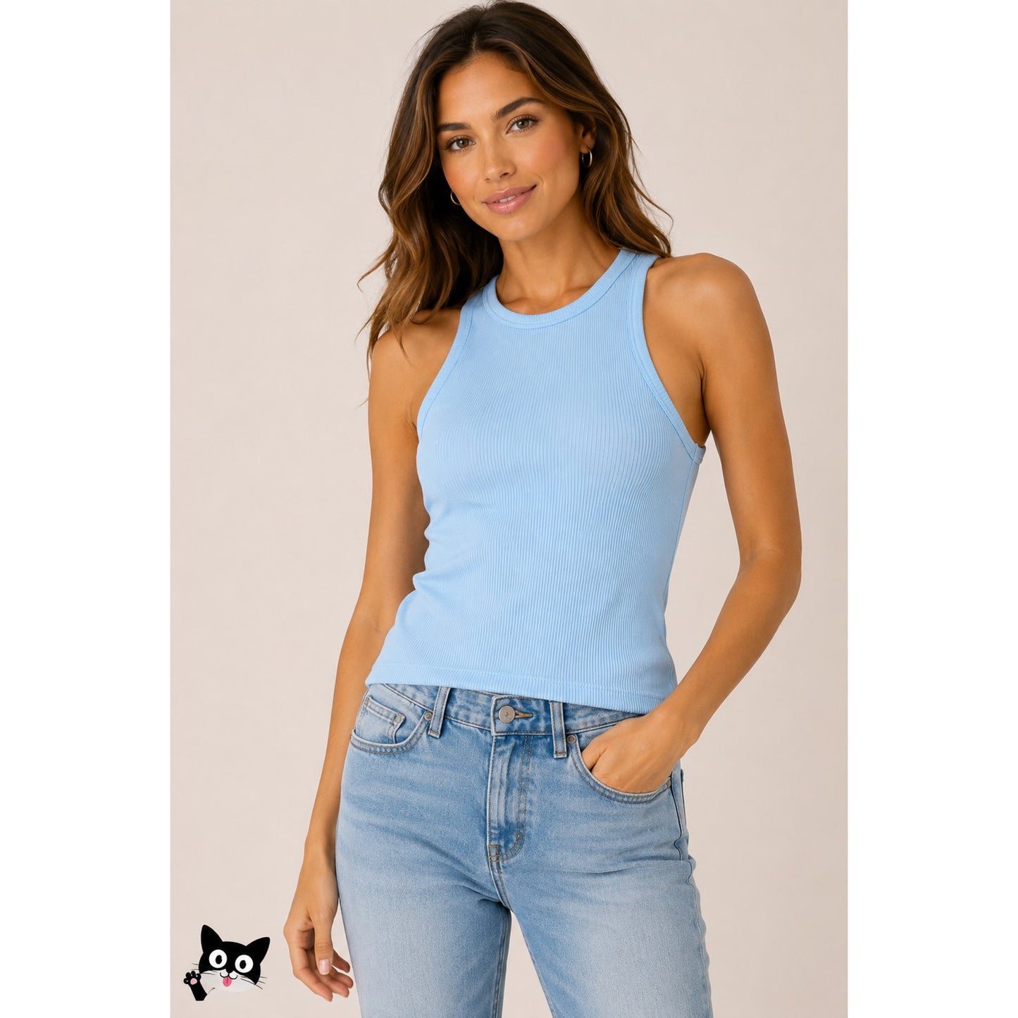 7 For All Mankind Baby Blue High Neck Ribbed Tank Top M