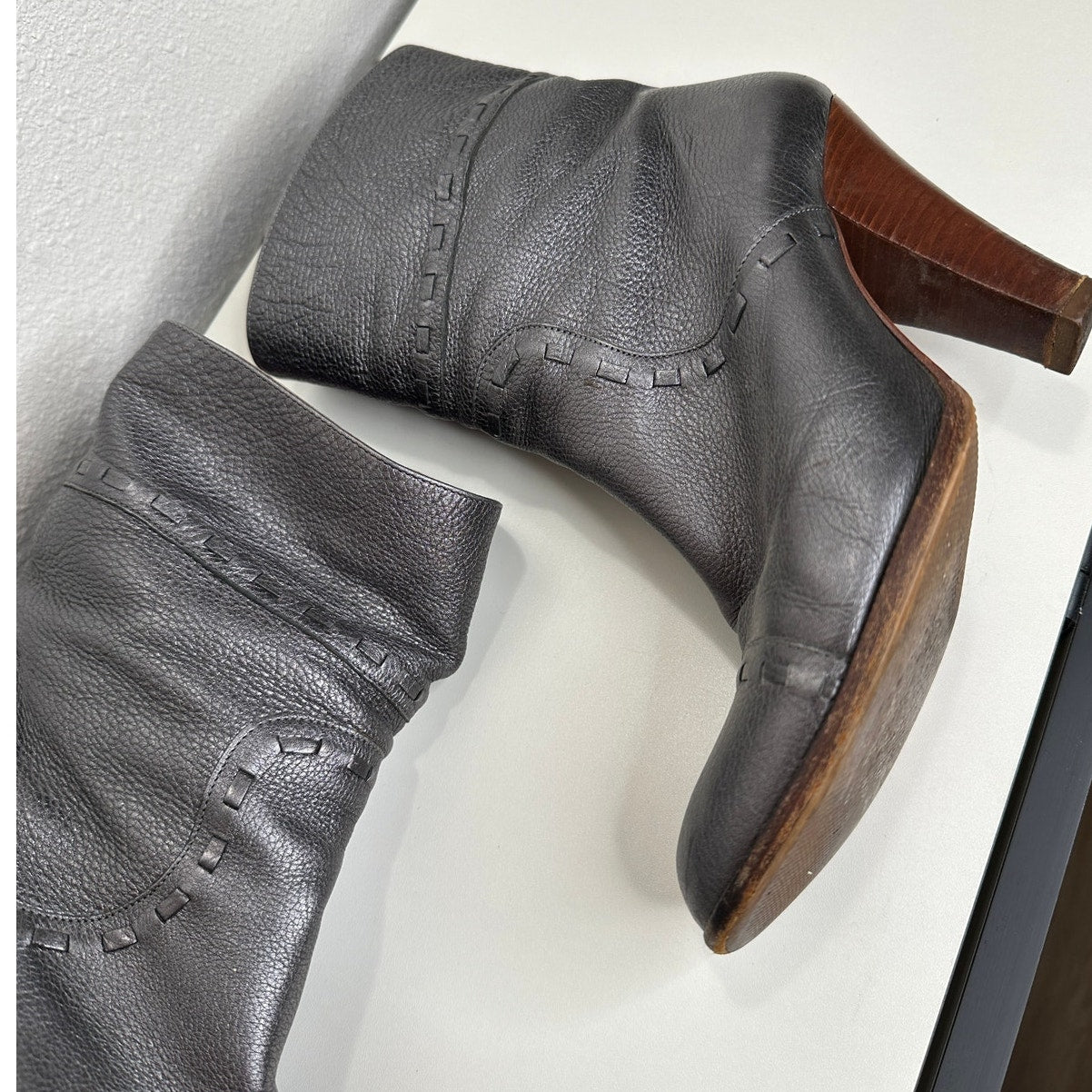 Marc Jacobs Gunmetal Silver Round toe Wooden Heel Ankle Boot 37.5 / 7