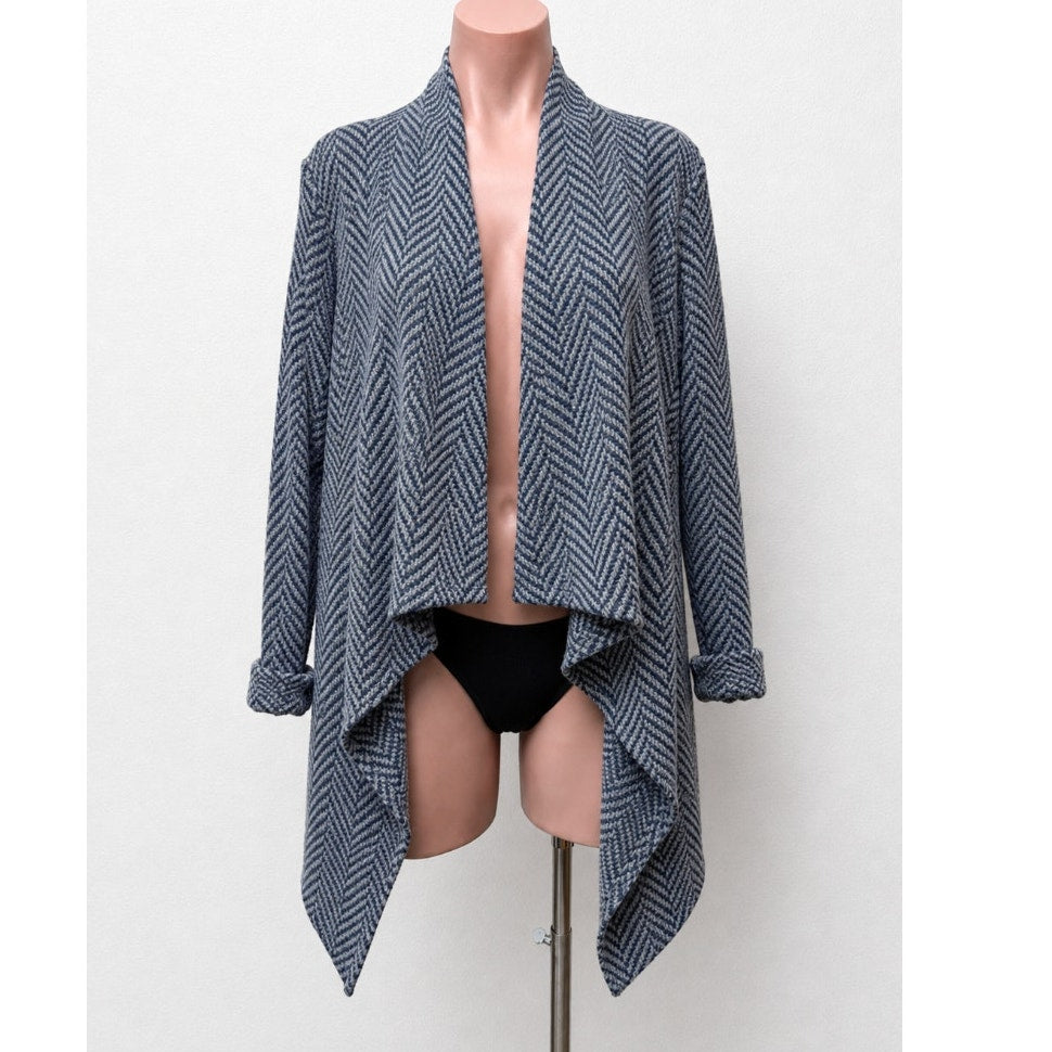 Cocogio Gray & Black Herringbone Waterfall Collar Cardigan Asymmetrical Hem L