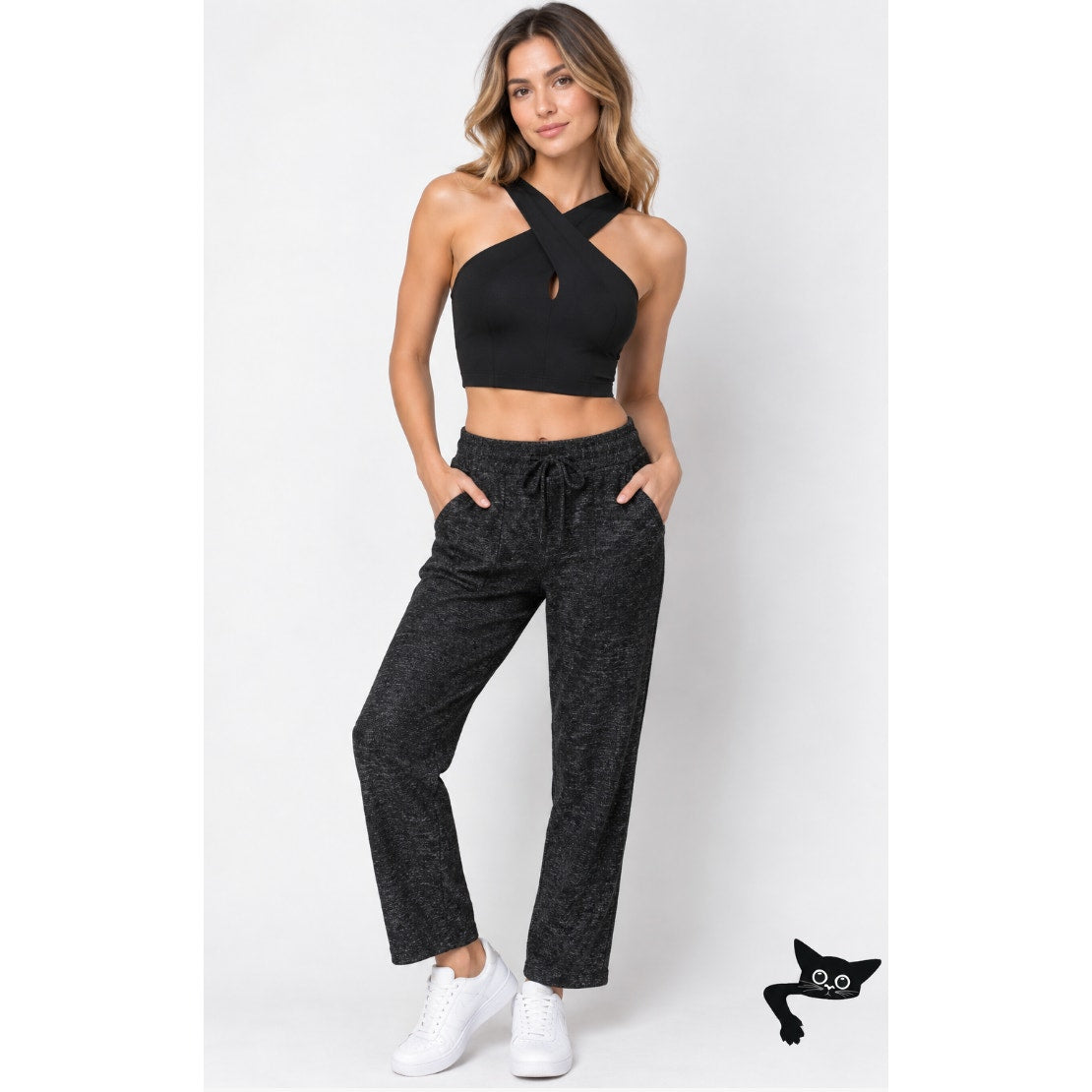 Elaine Field Black Metallic Shimmer & Sheer Mesh Tie Waist Slash Pocket Pants 1