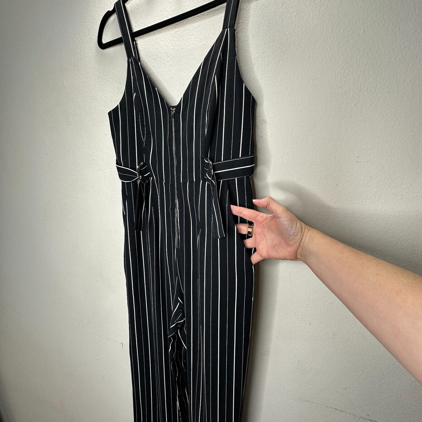 Dance & Marvel Black & White Pinstripe Cinched Sides Wide Leg Front Zip Jumpsuit