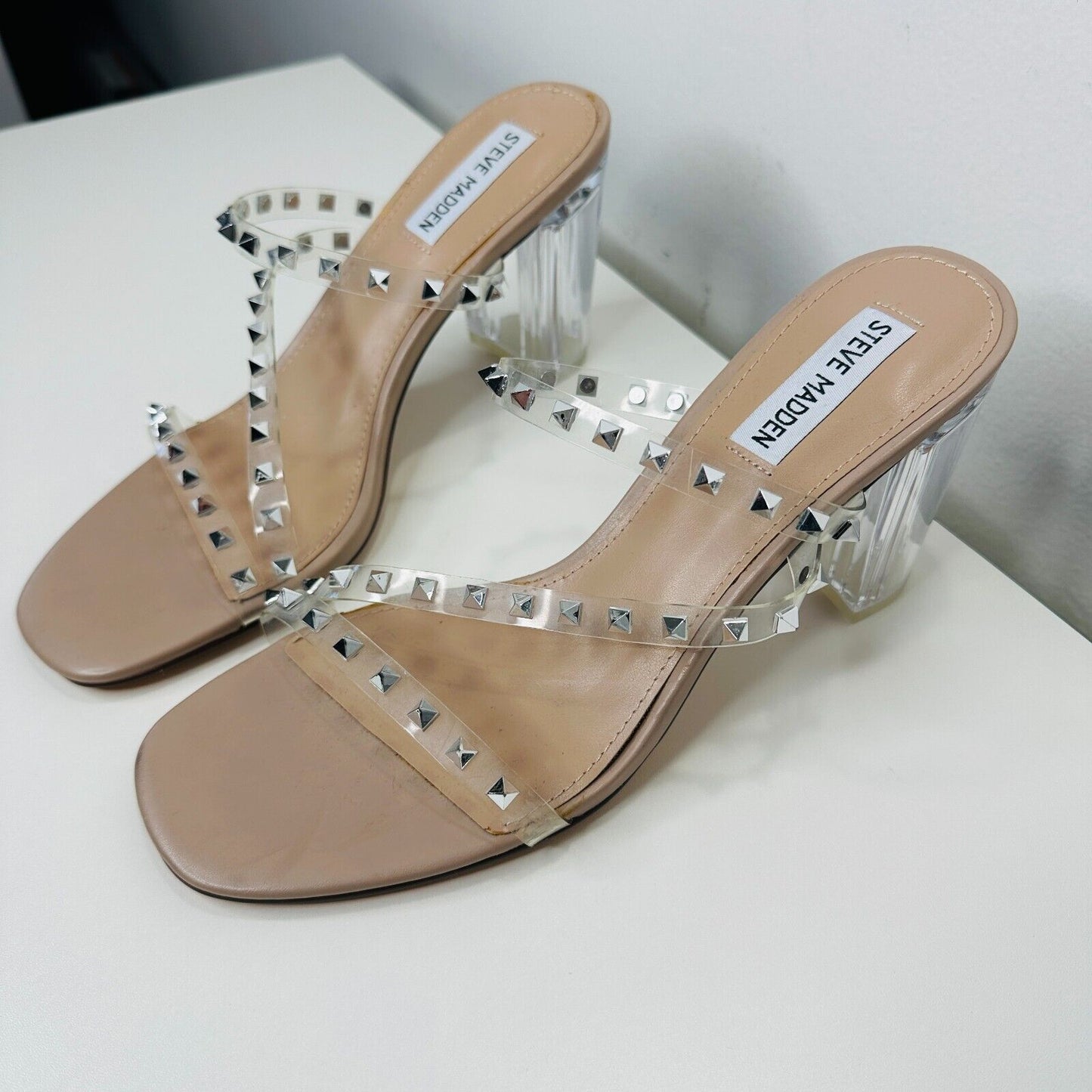 Steve Madden Nude Lucite Tangent Cone Heel Clear Silver Studded Strappy Sandal 9