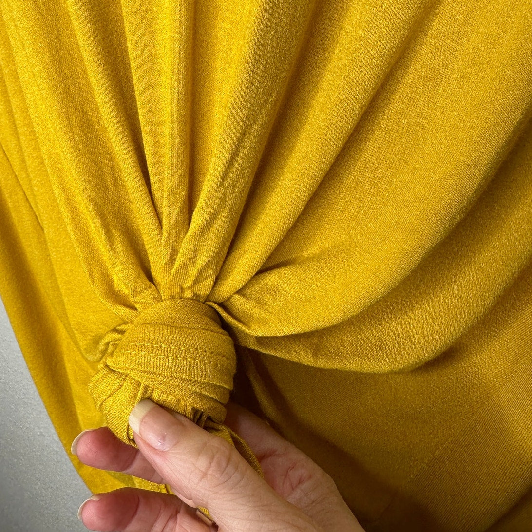 NWT Shop Basic Mustard Yellow round Neck Ruffle Sleeve Front Knot Shirt M