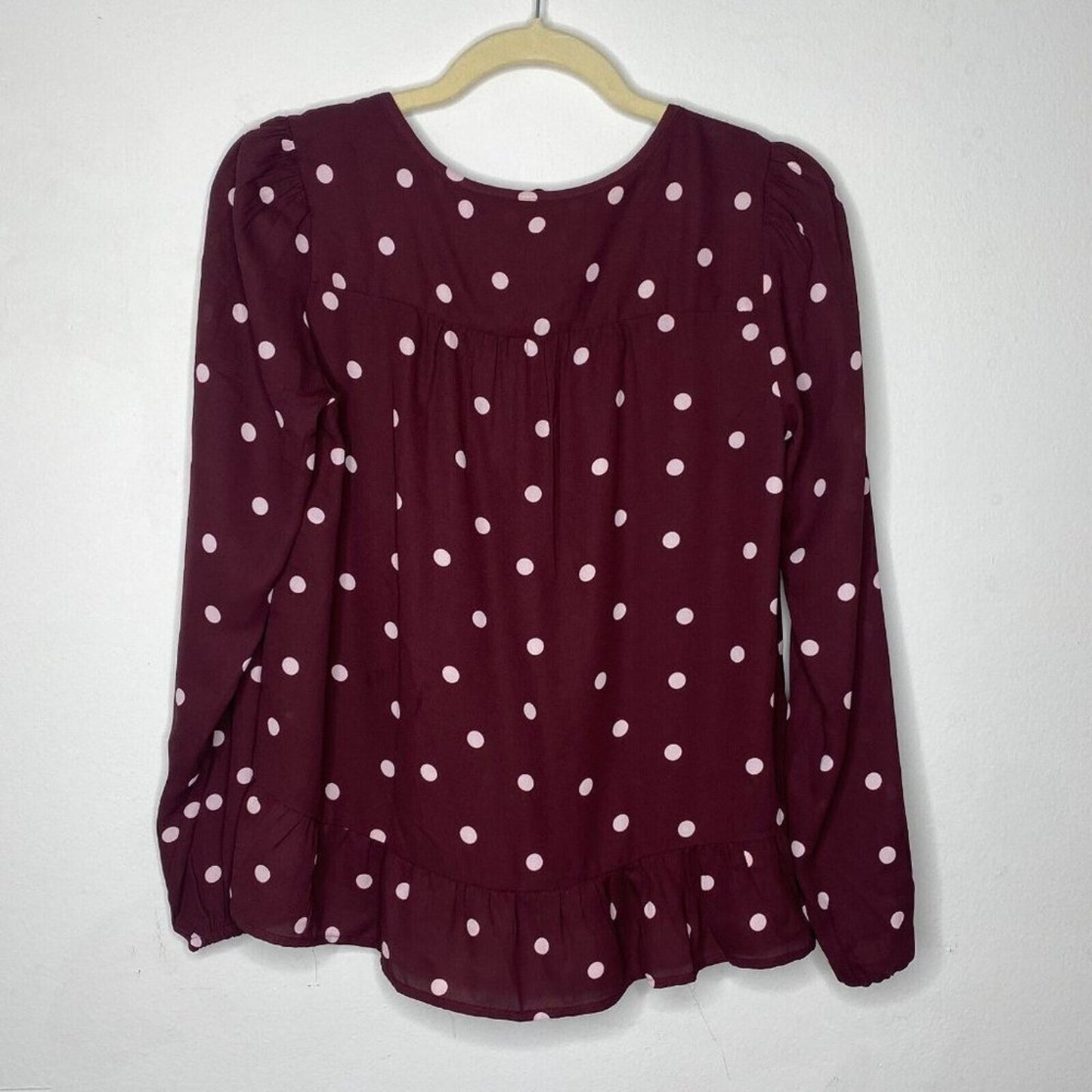 Loft Burgundy Plum & Pink Polka Dot Tie Neck Ruffle Hem Long Sleeve Blouse XXS