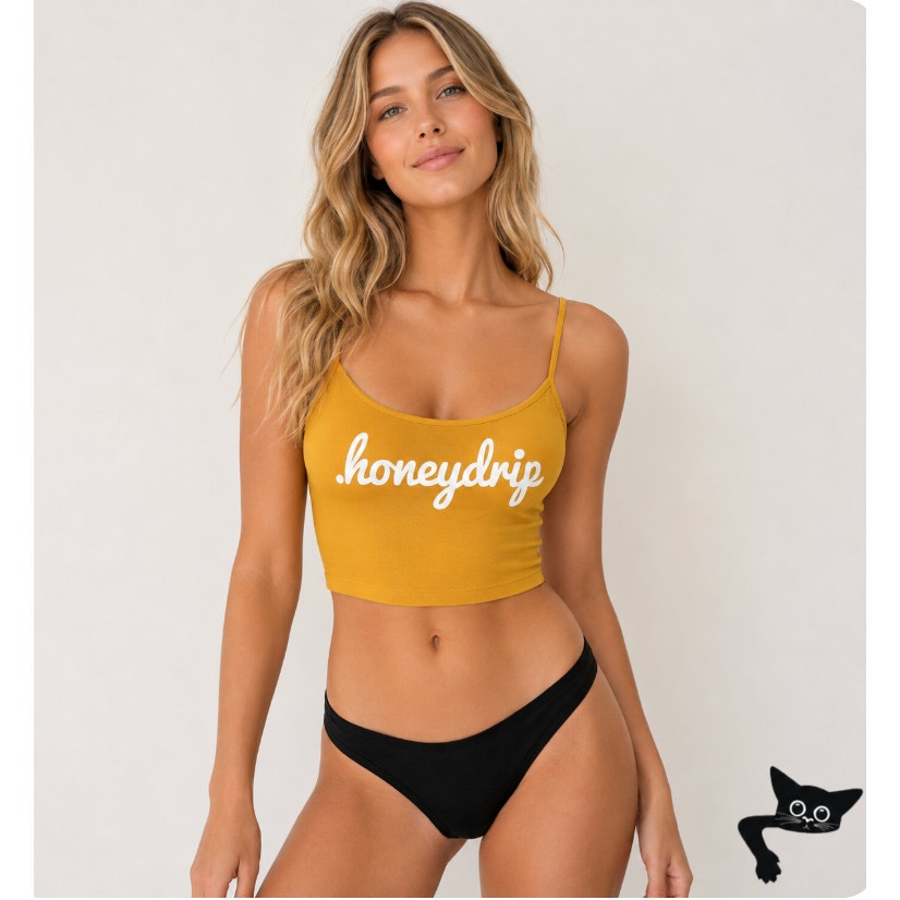 Mustard Yellow Honeydrip Graphic Crop Top Stretchy Spaghetti Strap Cami S