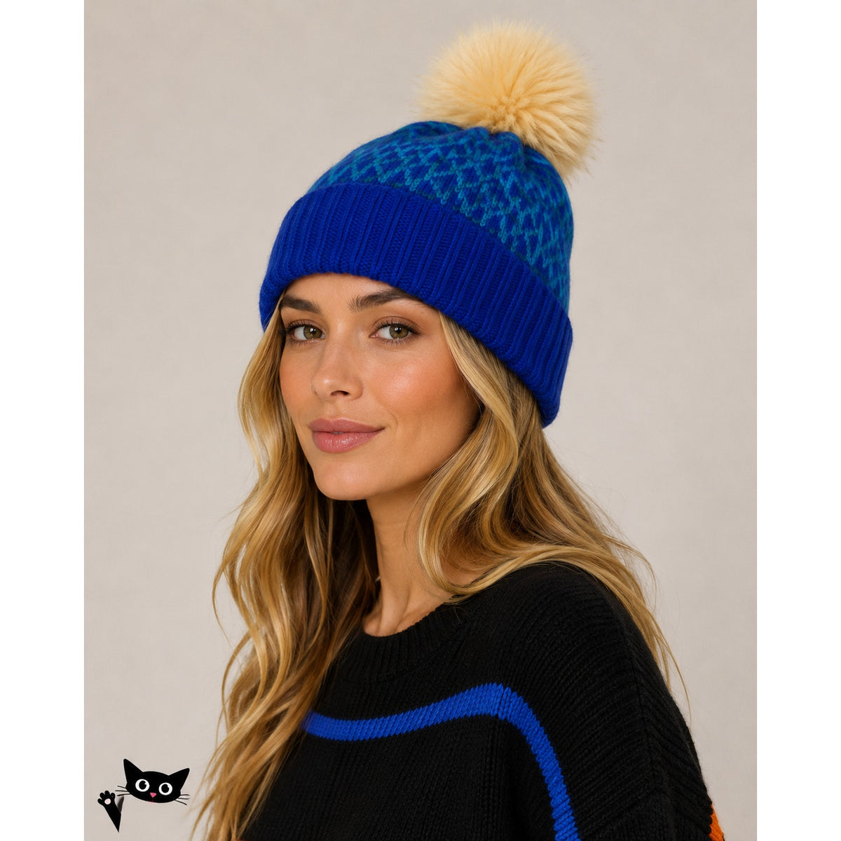 Blue Green Triangle Print Knit Beanie Tan Pom Pom OS