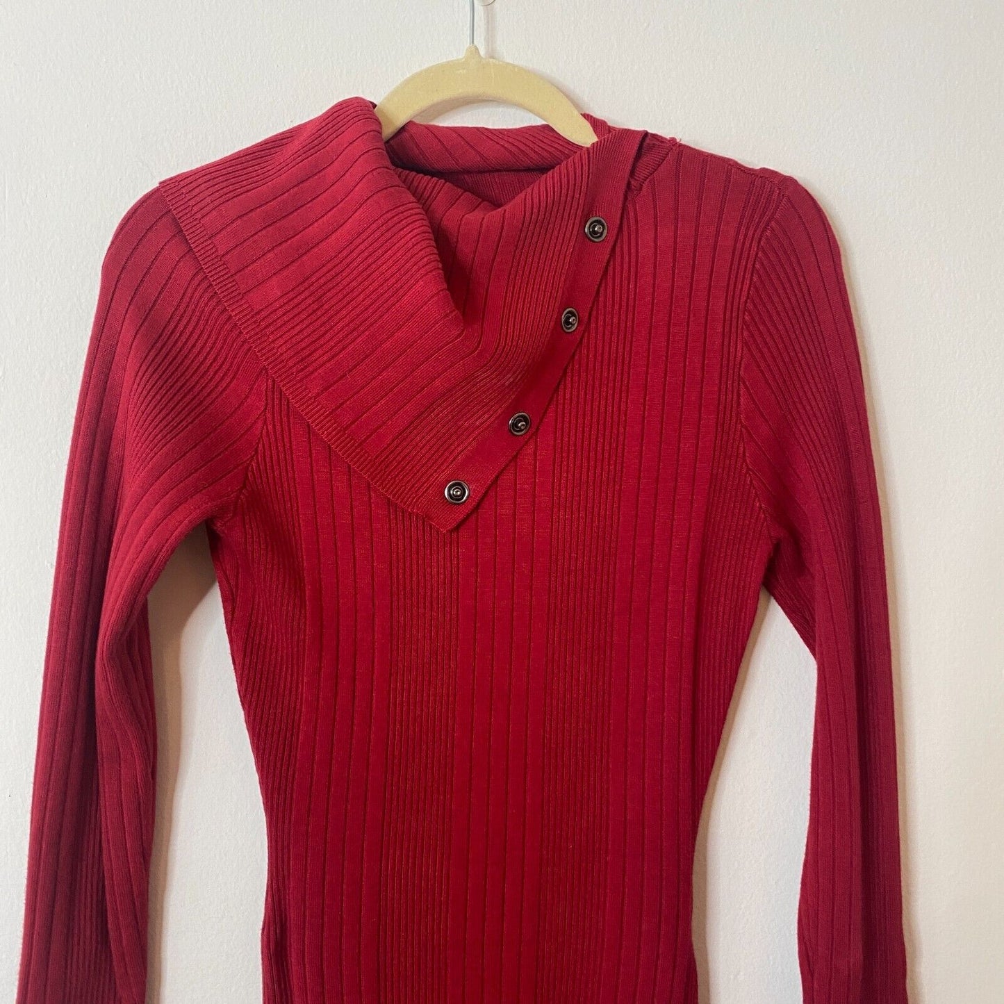 Guess Red Asymmetric Turtle Neck Bodycon Midi Sweater Dress Side Buttons XS