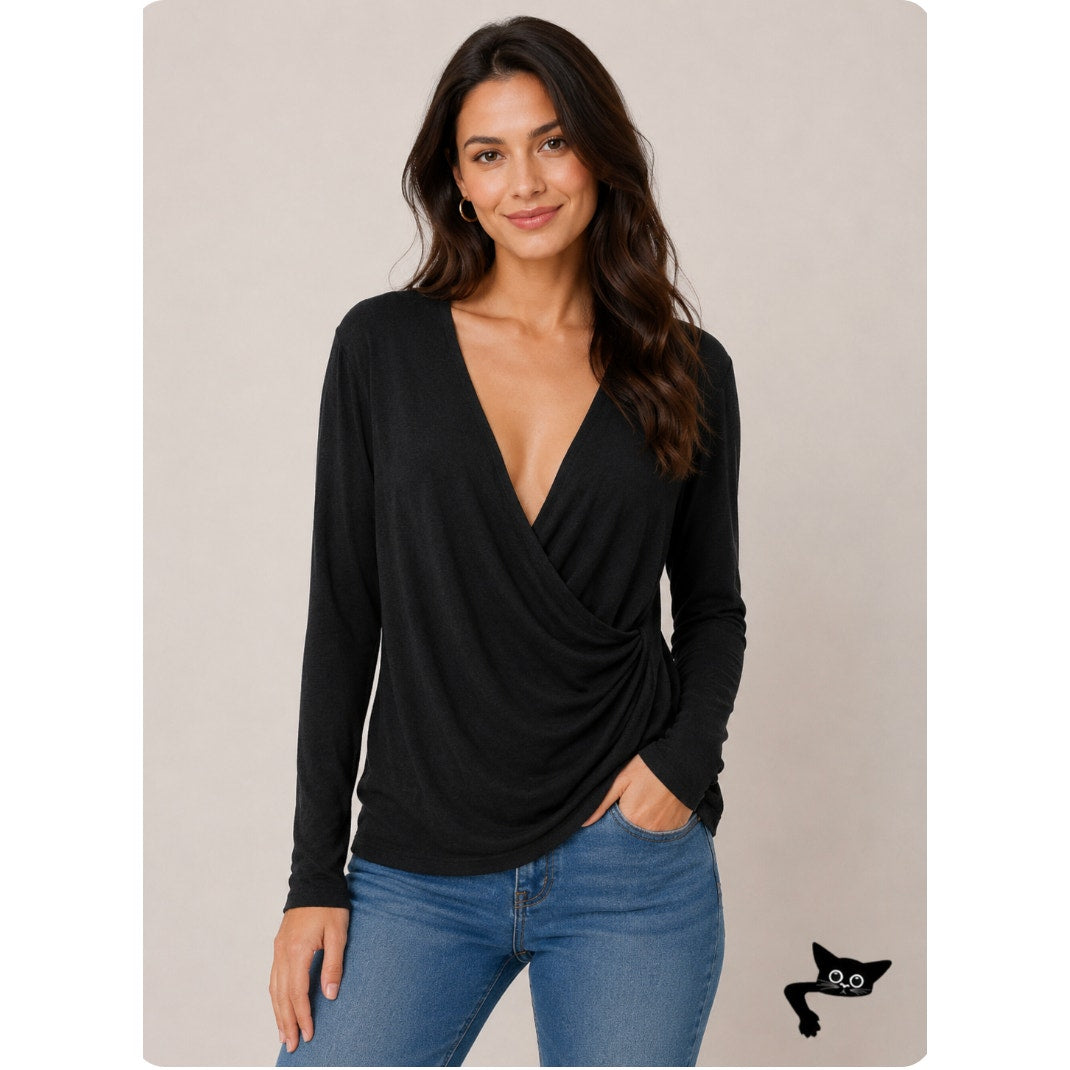 Aziz Jet Black Slinky Faux Wrap Deep VNeck Long Sleeve Sweater Jumper Top L