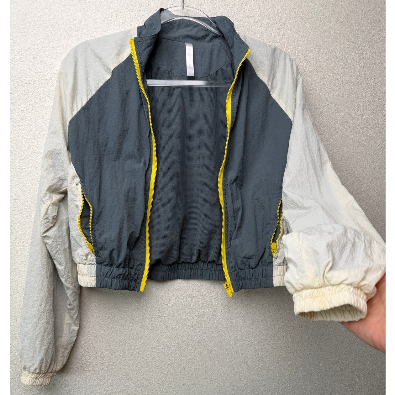 Fabletics Alayia Color Block Windbreaker Jacket Gray White Yellow Size S