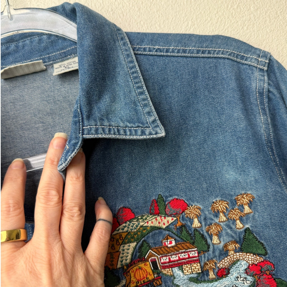 Vintage Cabin Creek Embroidered Denim Shirt Women Size PL