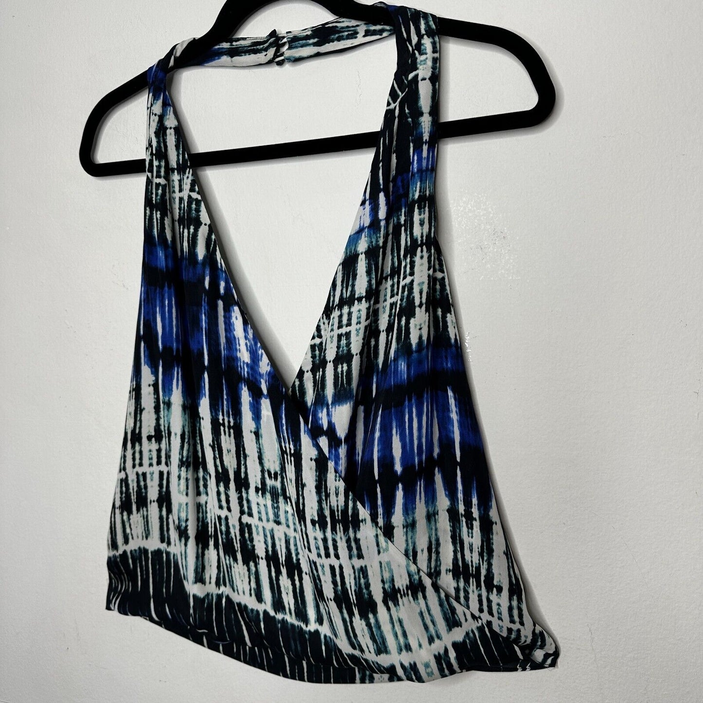 Parker Blue White Black Wales Tie Dye 100% Silk Wrap Halter Top Button VNeck L