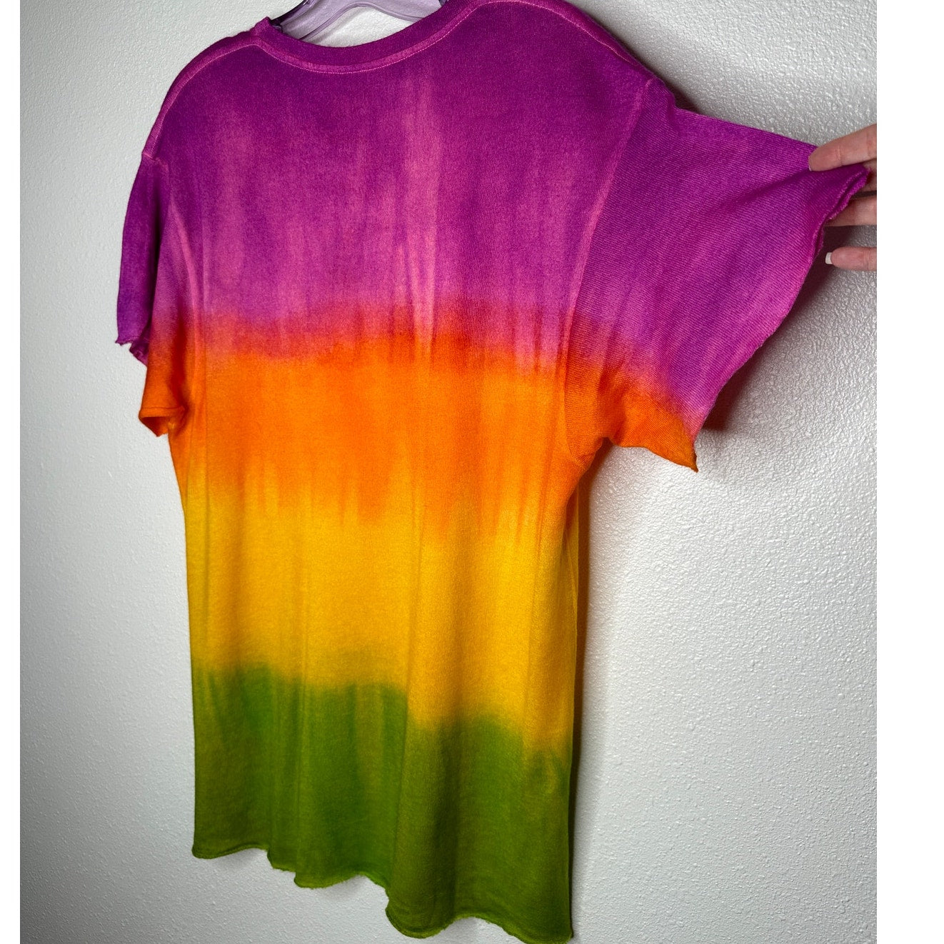 The Elder Statesmen Rainbow Tie Dye Machine Cut Sleeves & Hem Round Neck Sweater