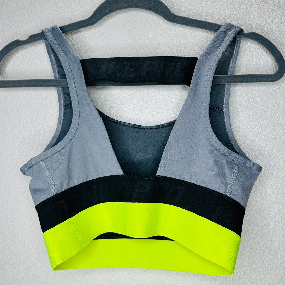 Nike Pro Gray Black Florescent Yellow Sports Bra Small