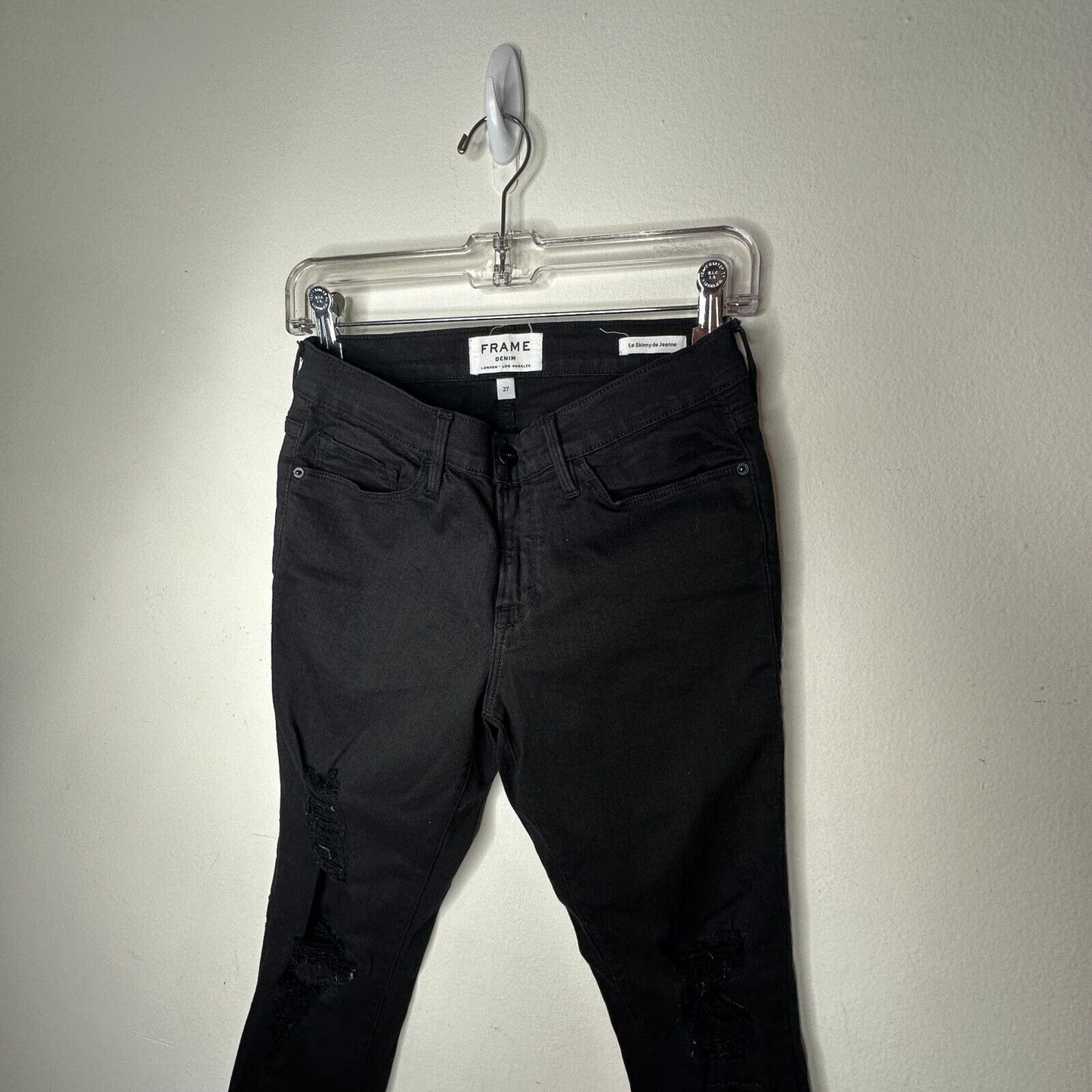 Frame Jet Black Denim Le Skinny de Jeanne Distressed Jean Mid-Rise Raw Hem 27