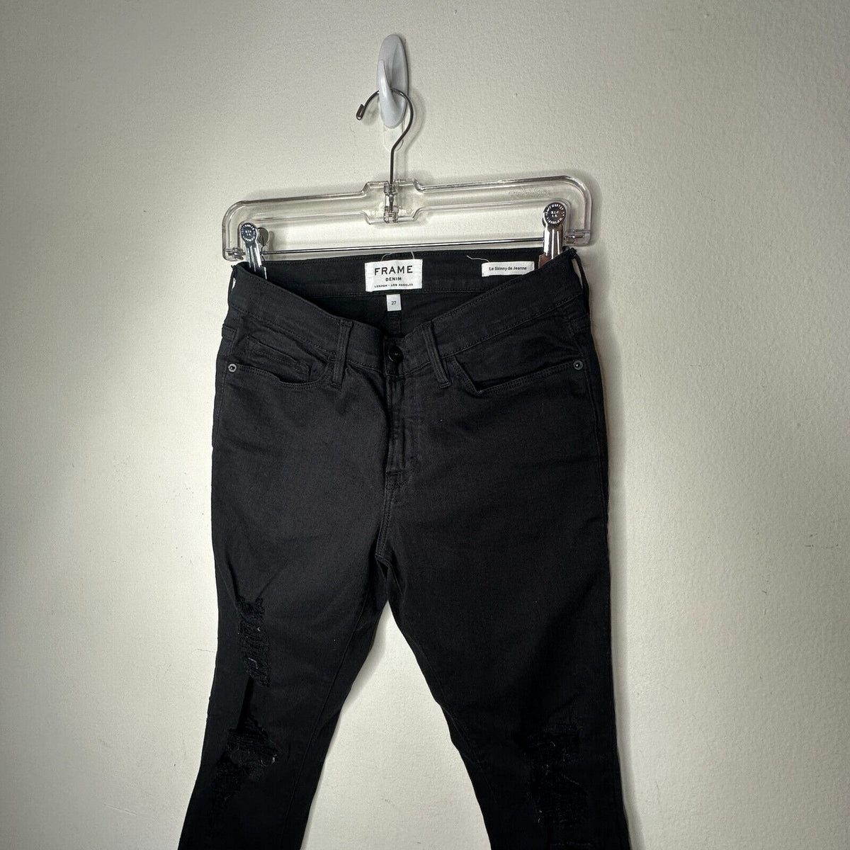 Frame Jet Black Denim Le Skinny de Jeanne Distressed Jean Mid-Rise Raw Hem 27