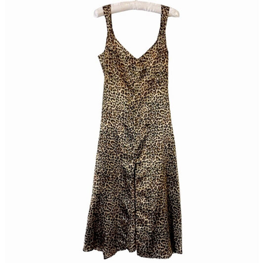 Dance & Marvel Tan Black Satin Cheetah Print V-Neck Front Slit Midi Dress L