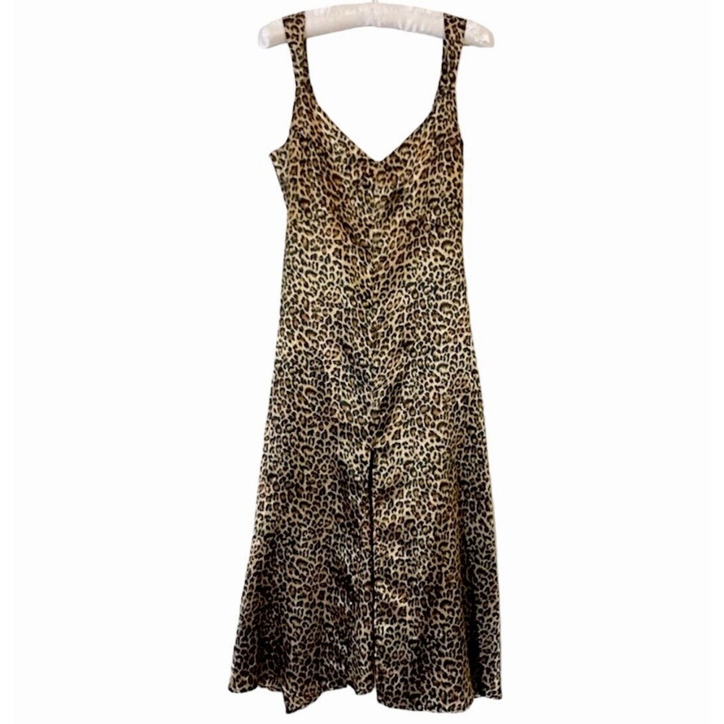 Dance & Marvel Tan Black Satin Cheetah Print V-Neck Front Slit Midi Dress L