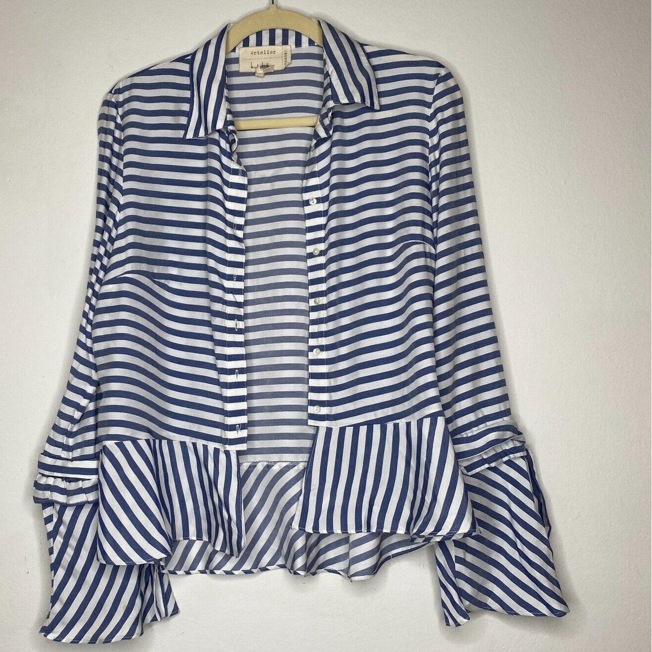 Artelier Blue and White Stripe Collar Button Down Bell Tie Sleeve Blouse XS