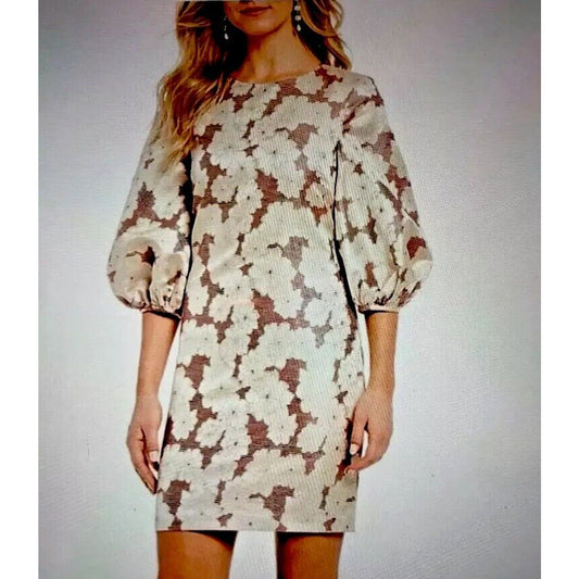 Belle Badgley Mischka Red & Gold Metallic Stripe Floral Balloon Sleeve Dress 2