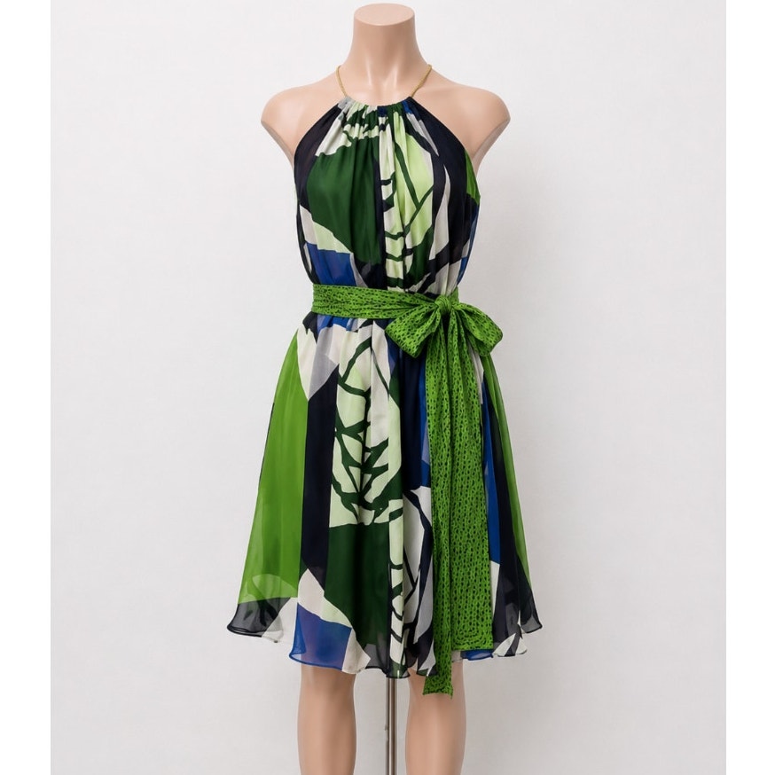 Catherine Malandrino Blue Green Cream Sleeveless Silk Tie Dress 6