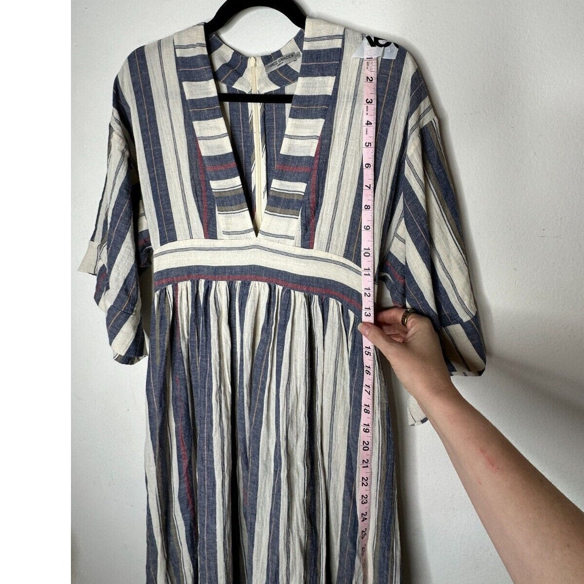 Three Graces London Ferrer Tan Blue Red Stripe Short Cuff Sleeve V-Neck Dress 10
