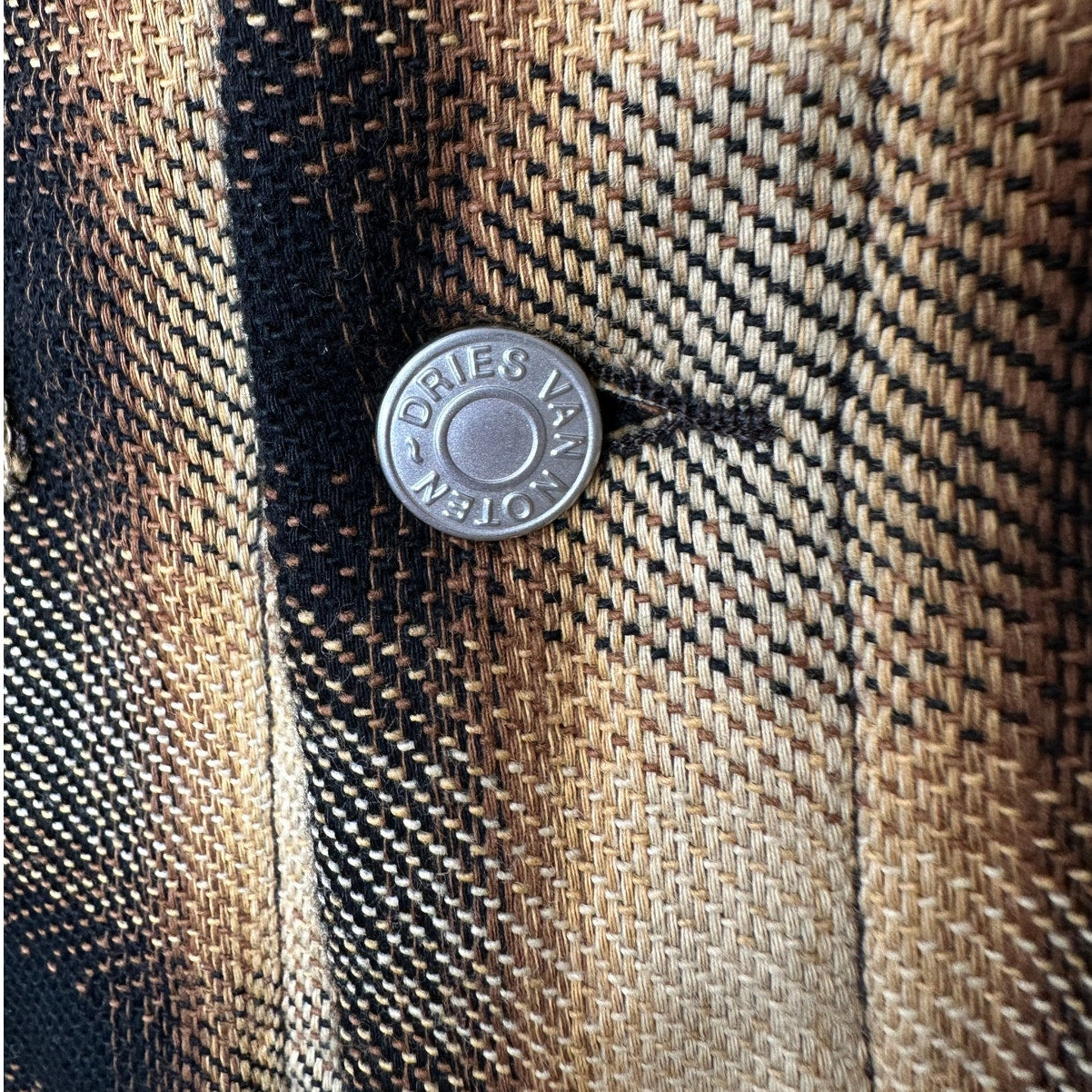 Dries Van Noten Butter Yellow Brown & Black Plaid Flannel Overshirt L