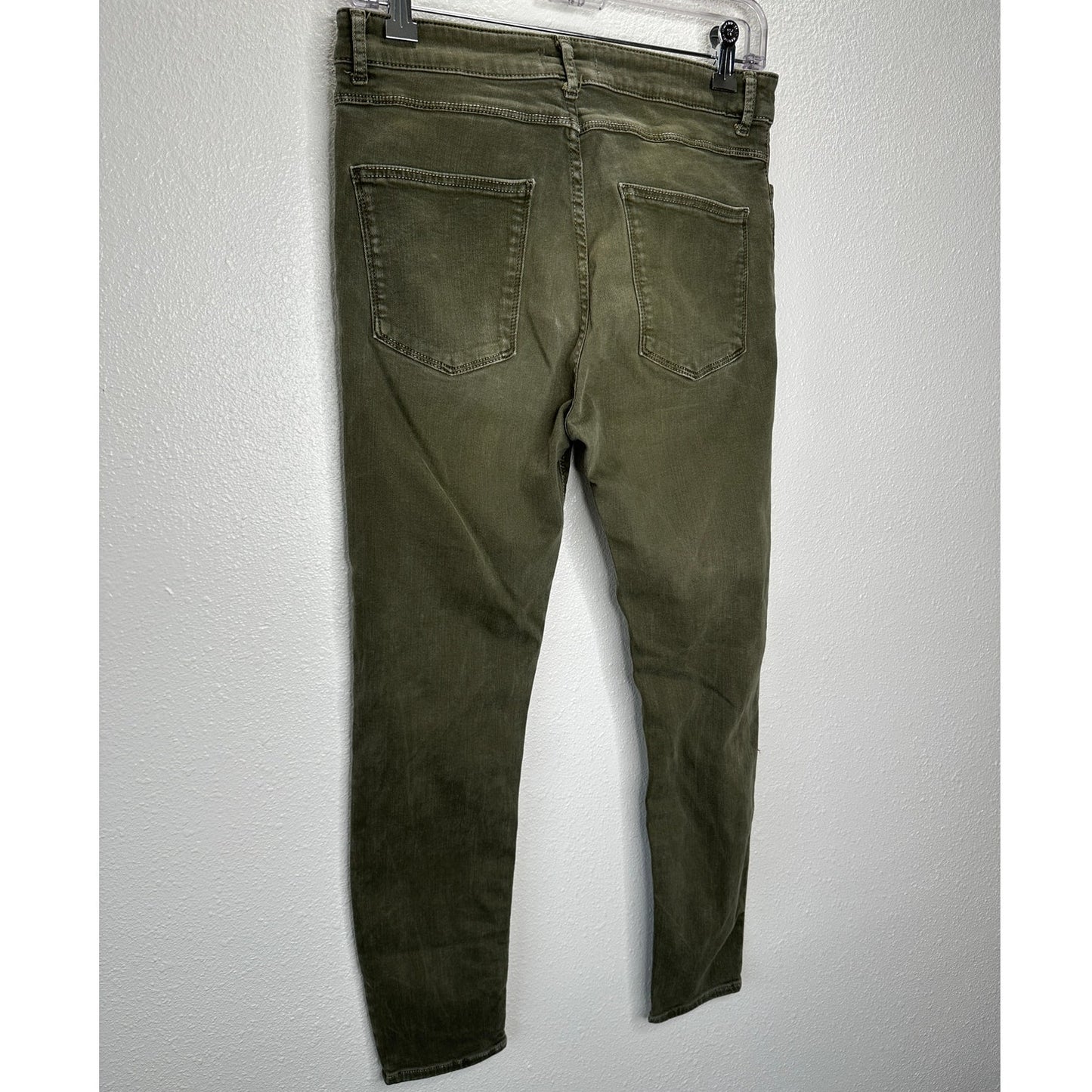 Zara Women Olive Green Button Fly Distressed Knee Skinny Jean High Waist 10