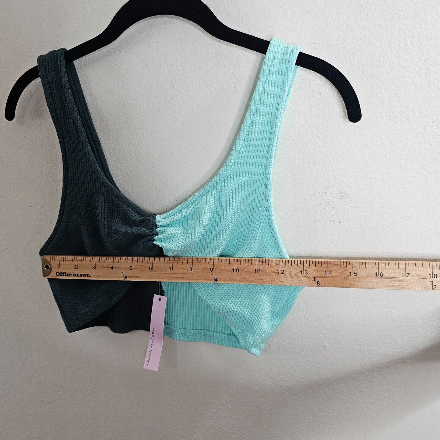 NWT Teal & Black Color Block Front Ruche Stretch Scoop Neck Crop Bralette M
