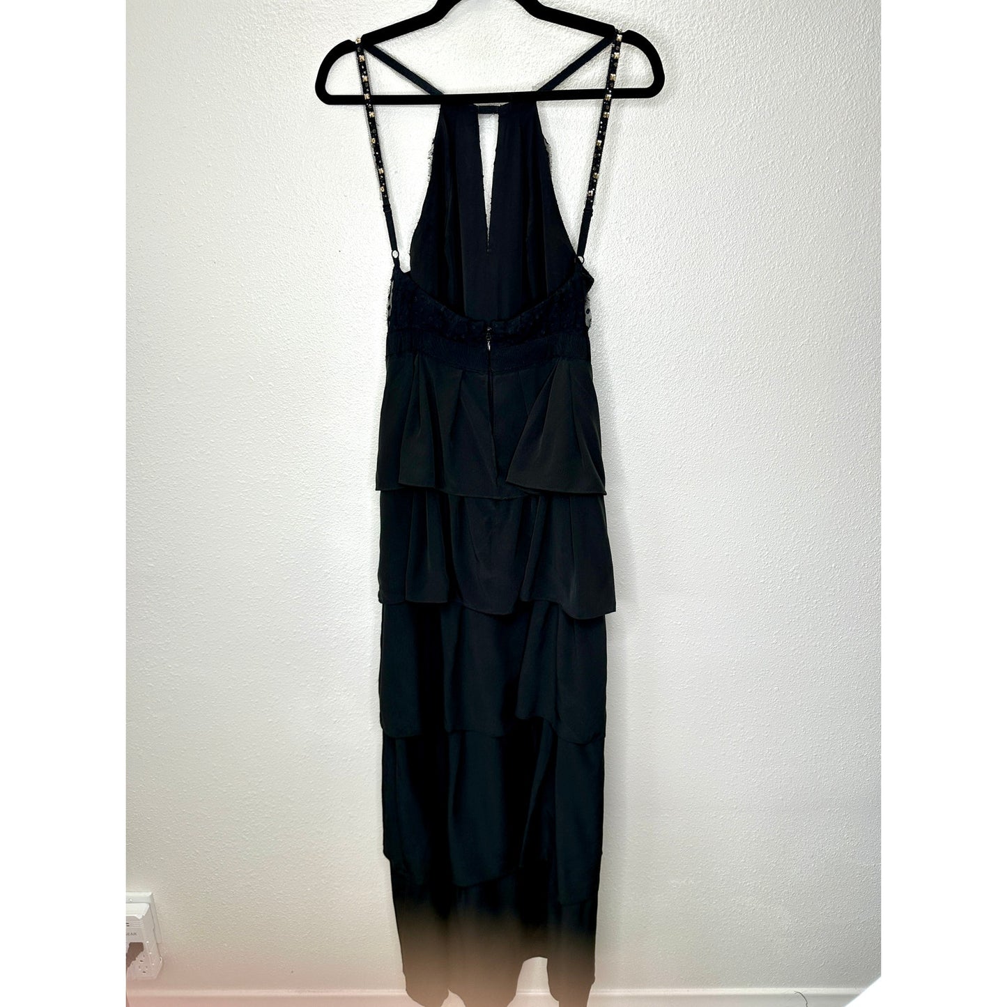 BCBGMAXAZRIA Black Lace Tiered Ruffle Low Back Keyhole Front Maxi Dress 4