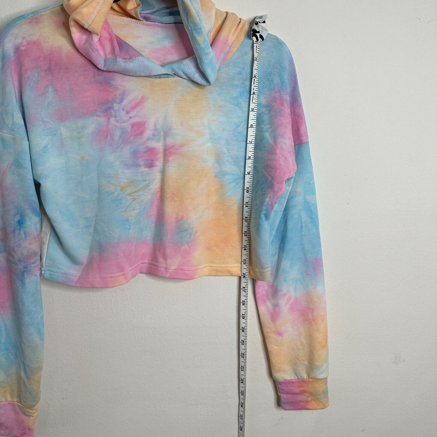 Lightweight Pale Pink Blue Tie Dye Drop Shoulder Long Sleeve Crop Hoodie Small