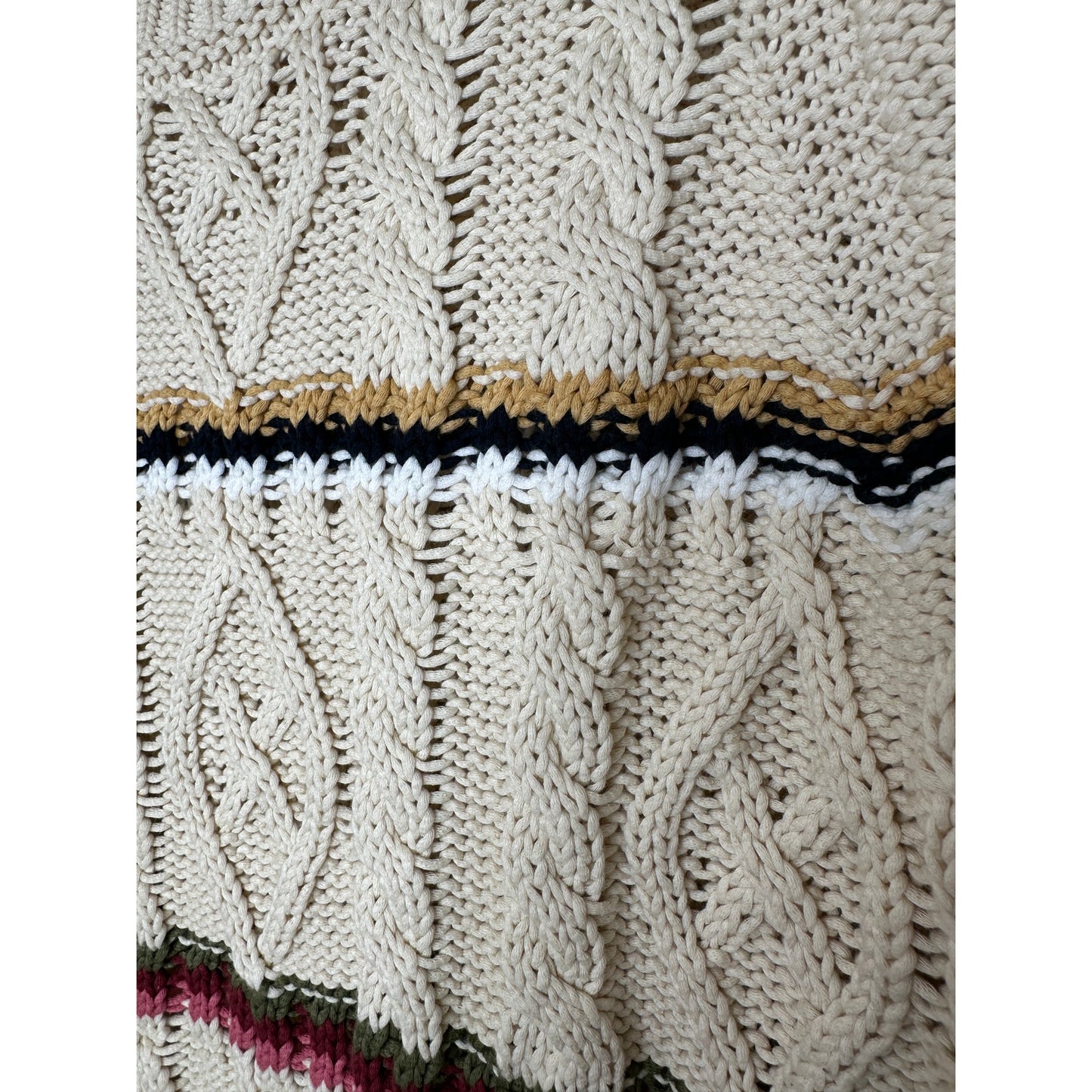 Veronica Beard Bruna Cream Black Multi Stripe Chunky Knit Long Sleeve Sweater M