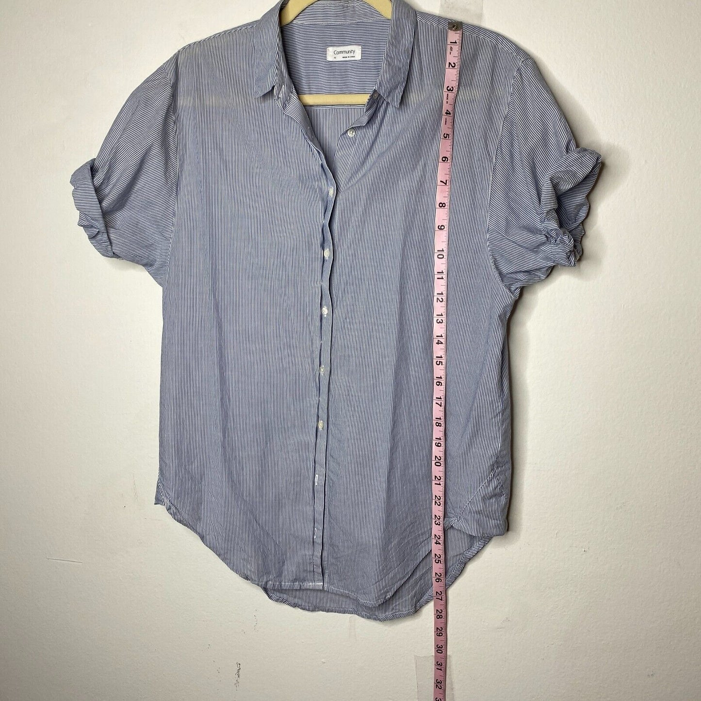 Aritzia Community Blue and White Pin Stripe The Jane Short Sleeve Button Shirt