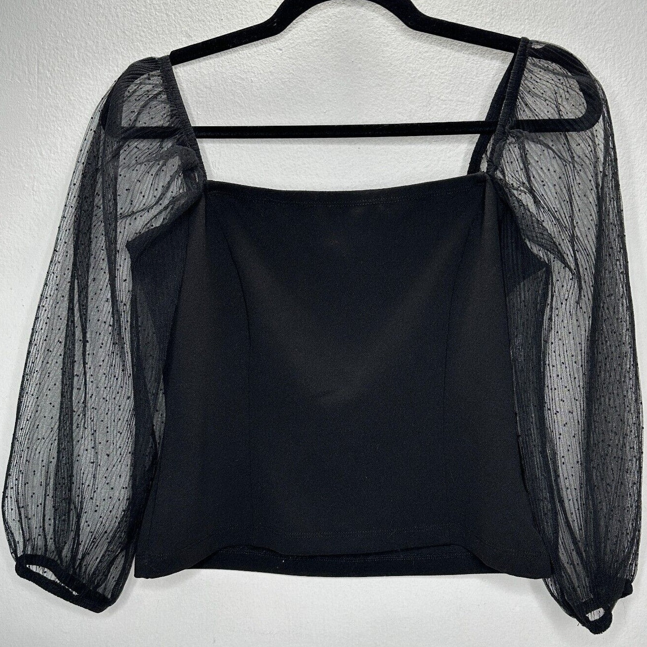 Socialite Black Square Neck Sheer Polka Dot Mesh Balloon Sleeve Crop Top M