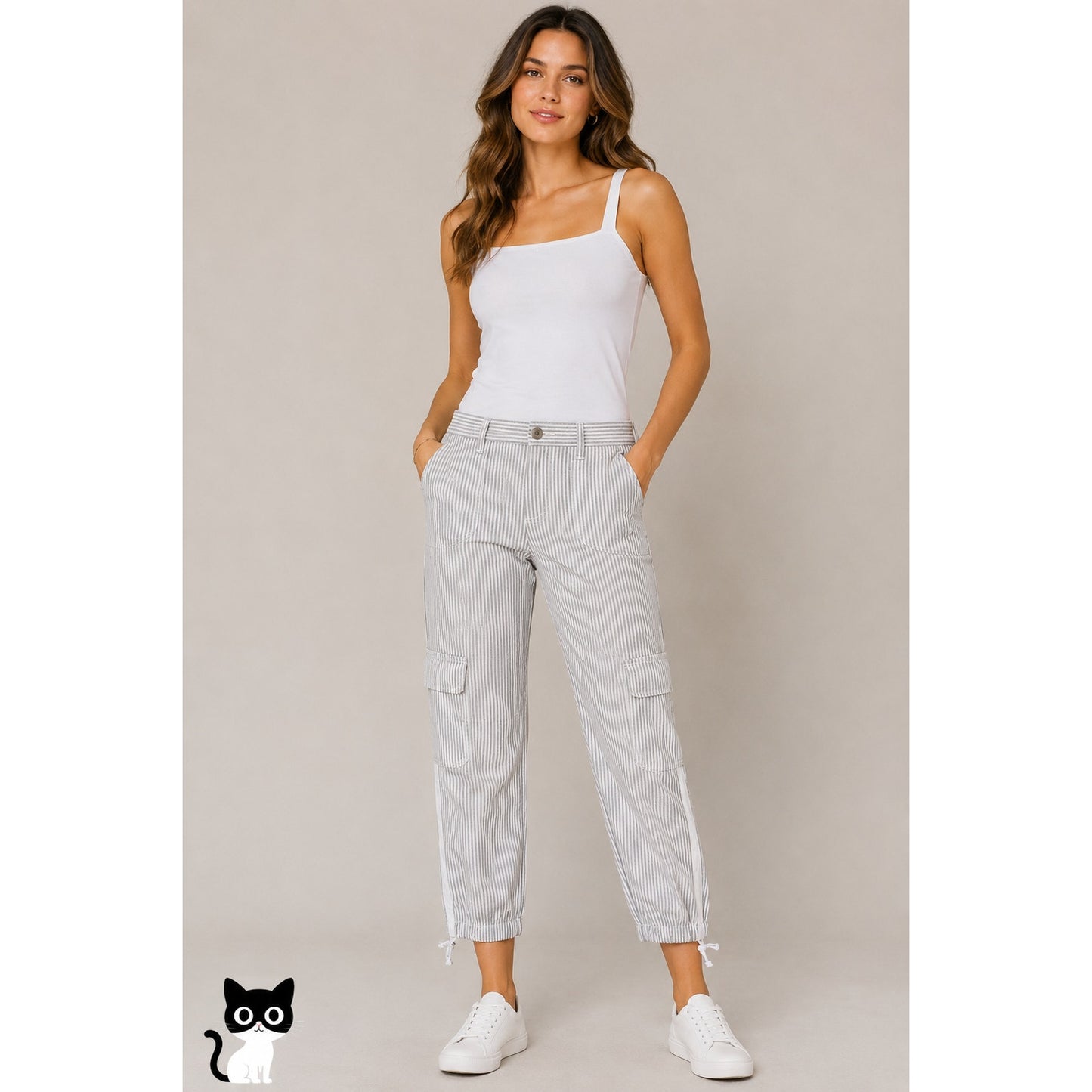 Sanctuary White & Gray Striped Cropped Utility Trouser Pant Cinched Ankle 27