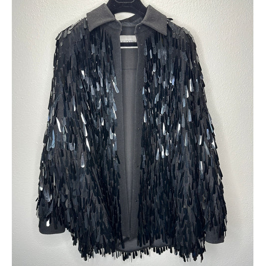 Valentino Garavani Black Sequin Fringe Shirt Jacket Medium