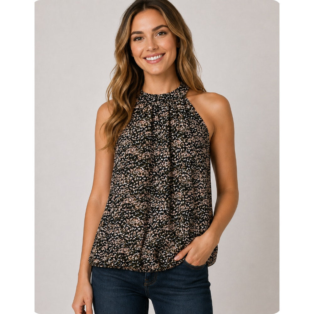 Allison Joy Black Peach Cream & Olive Print Halter Neck Sleeveless Tank Blouse S