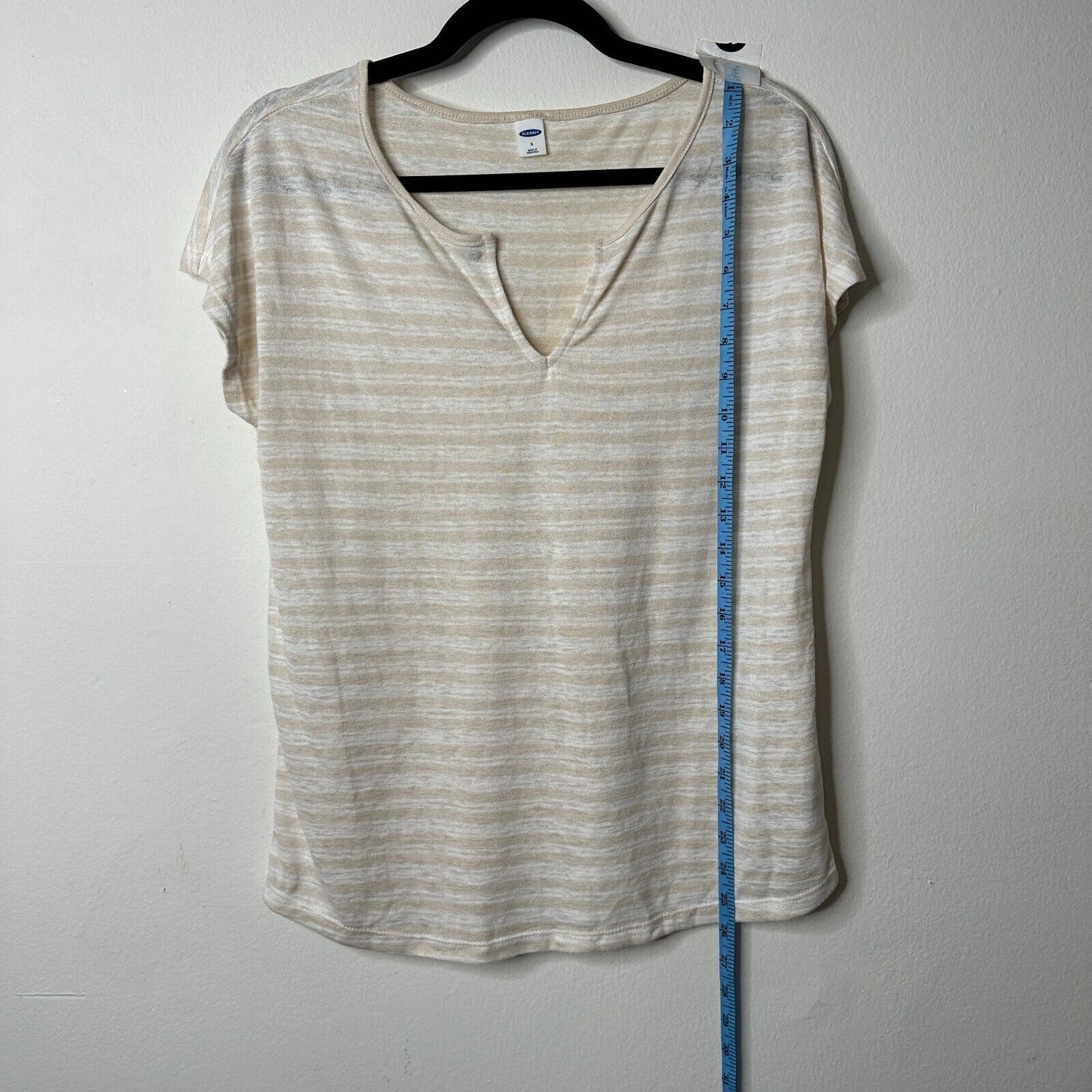 Old Navy Cream and White Striped V-Split Neck Tee Blouse Capped Sleeve Small