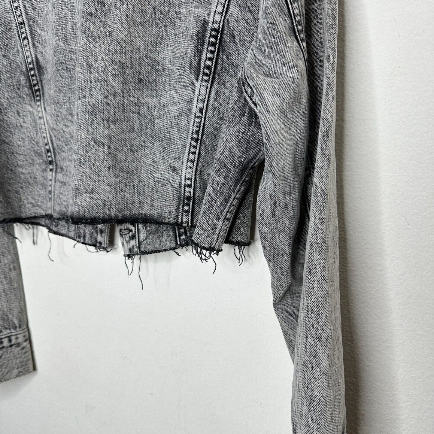 Frame Stonewashed Gray Faded & Distressed Crop Jacket Front Button Raw Hem S