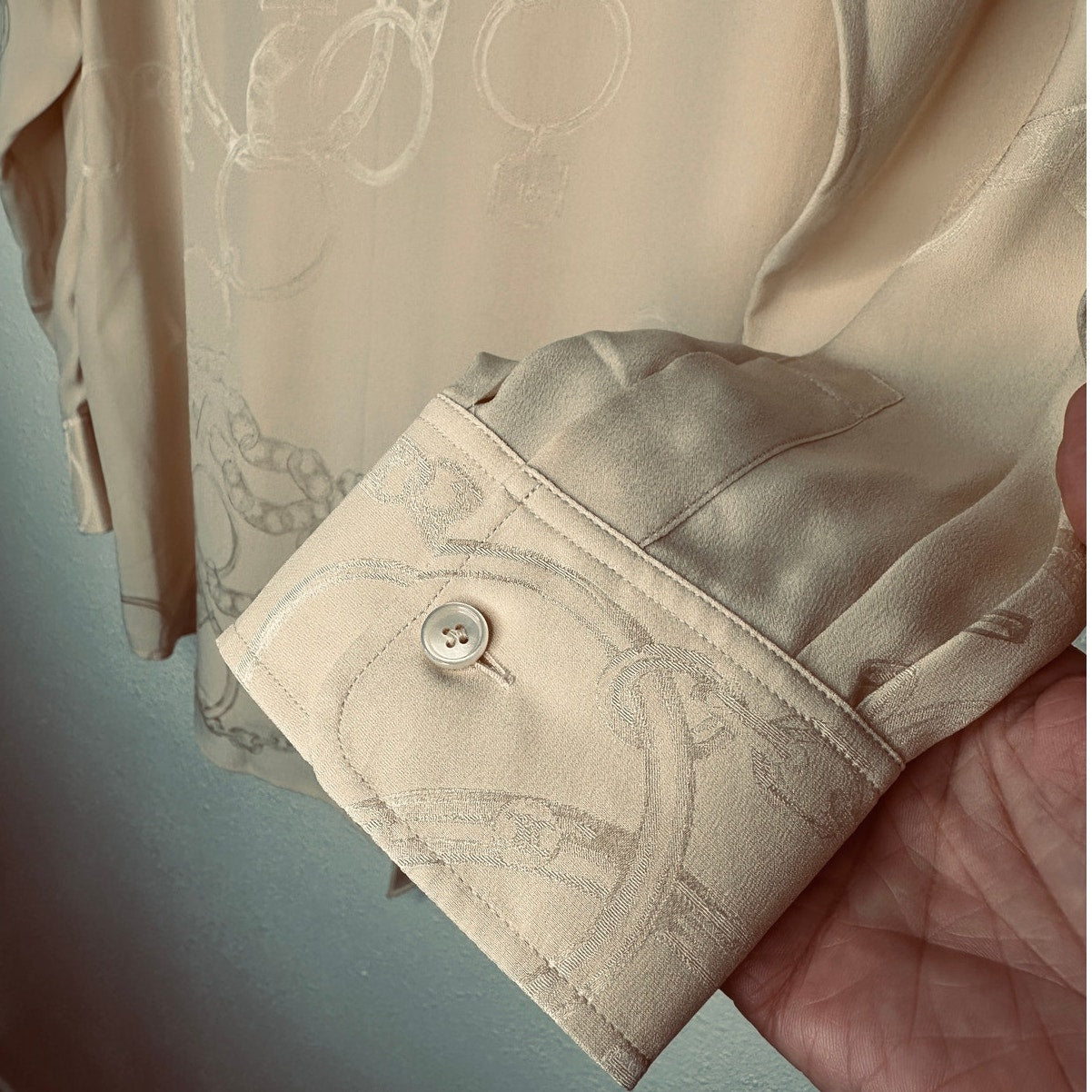 NWT Celine Pale Yellow Chemise Boyfriend Lavallieri Silk Chain Blouse 40 / L