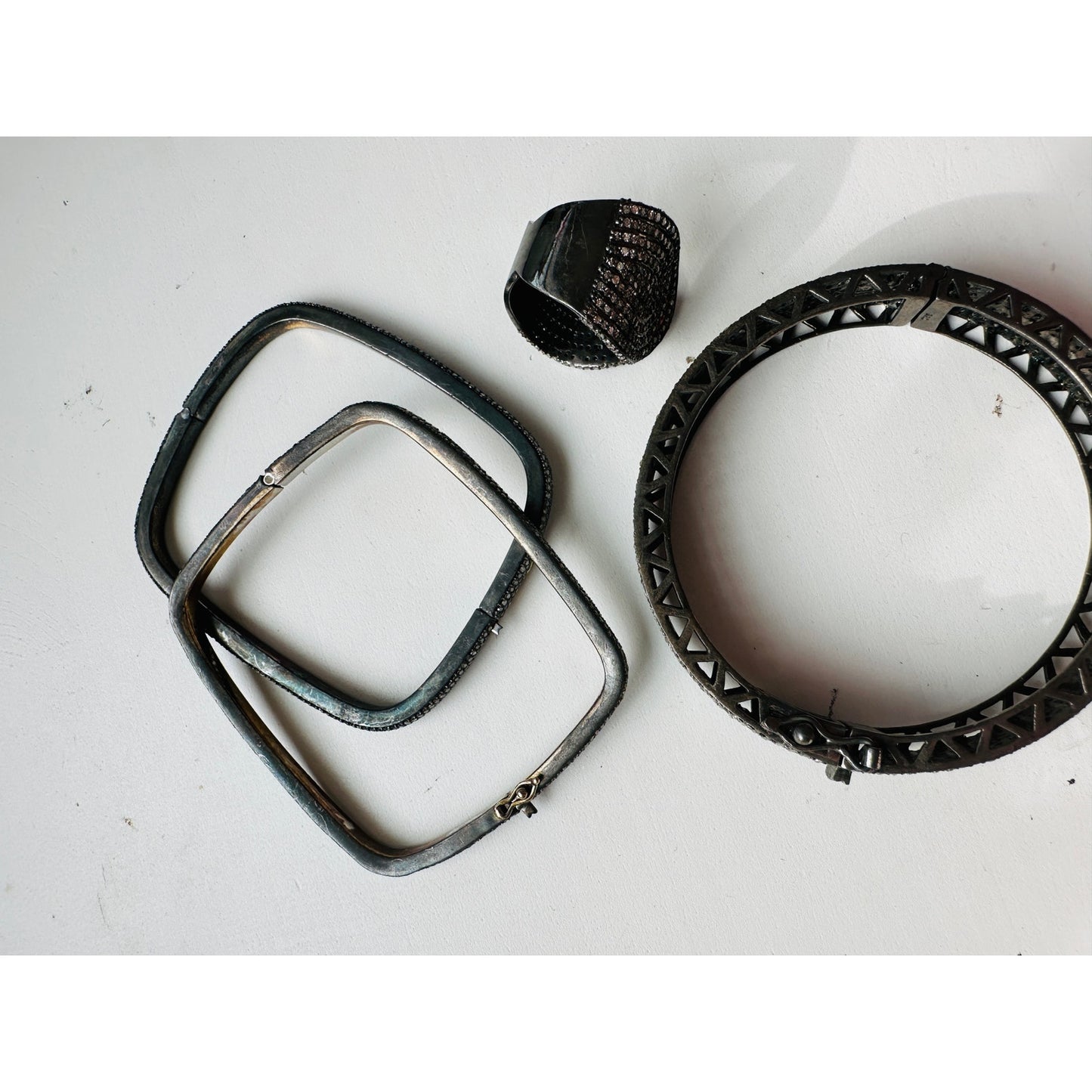 Gunmetal Gray Rhinestone Bangle & Square Bracelets with Matching Ring