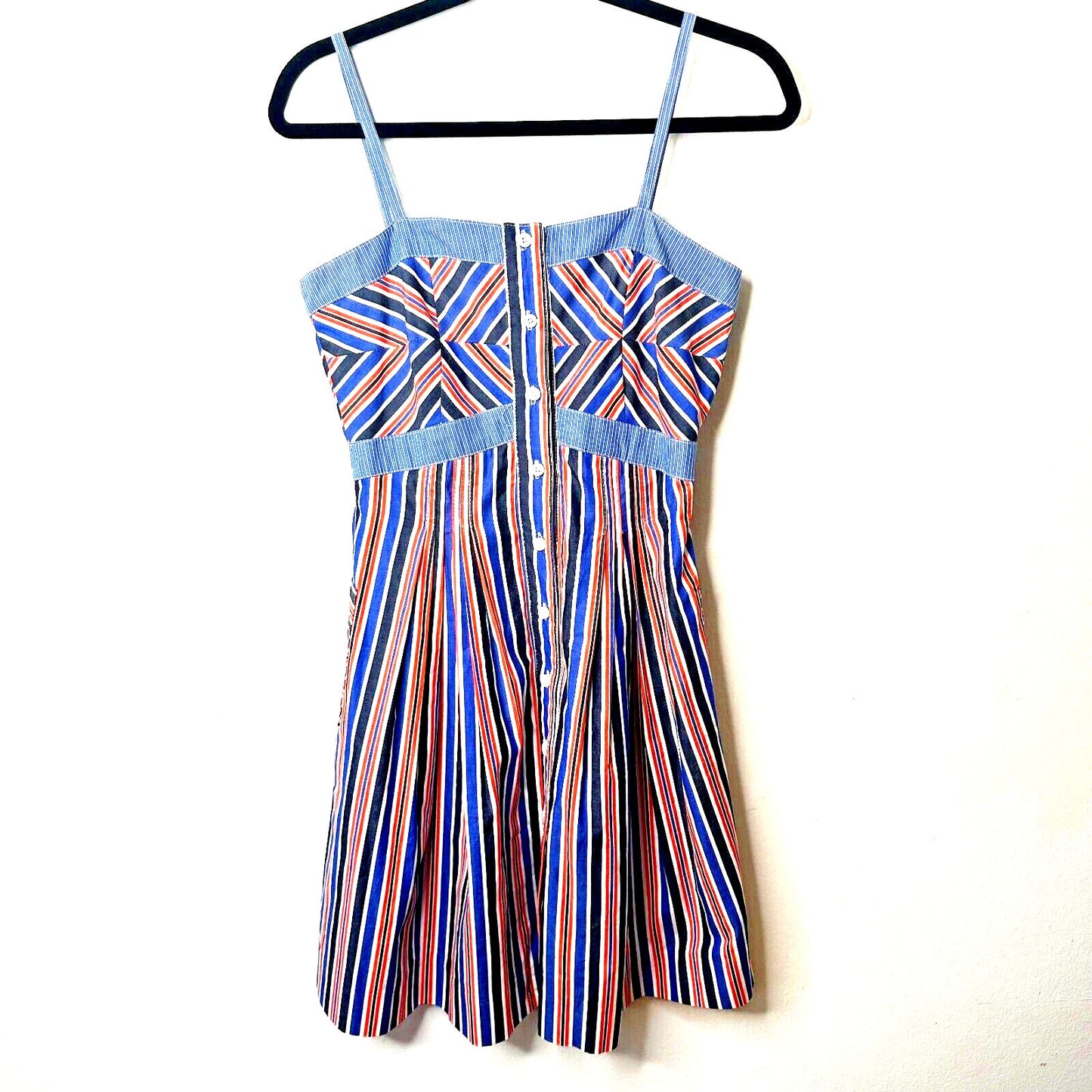 Zachary's Smile Blue White Orange Stripe Spaghetti Strap Button Sun Dress 6