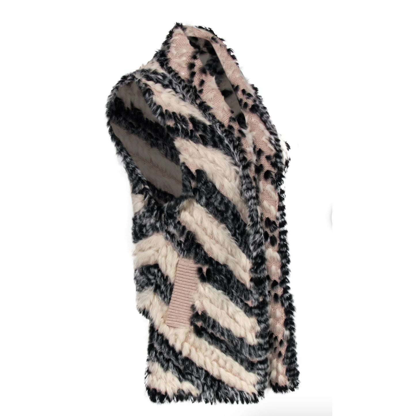 Marc by Marc Jacobs Cream Black Striped Knitted Soft Rabbit Fur Pocket Vest OS
