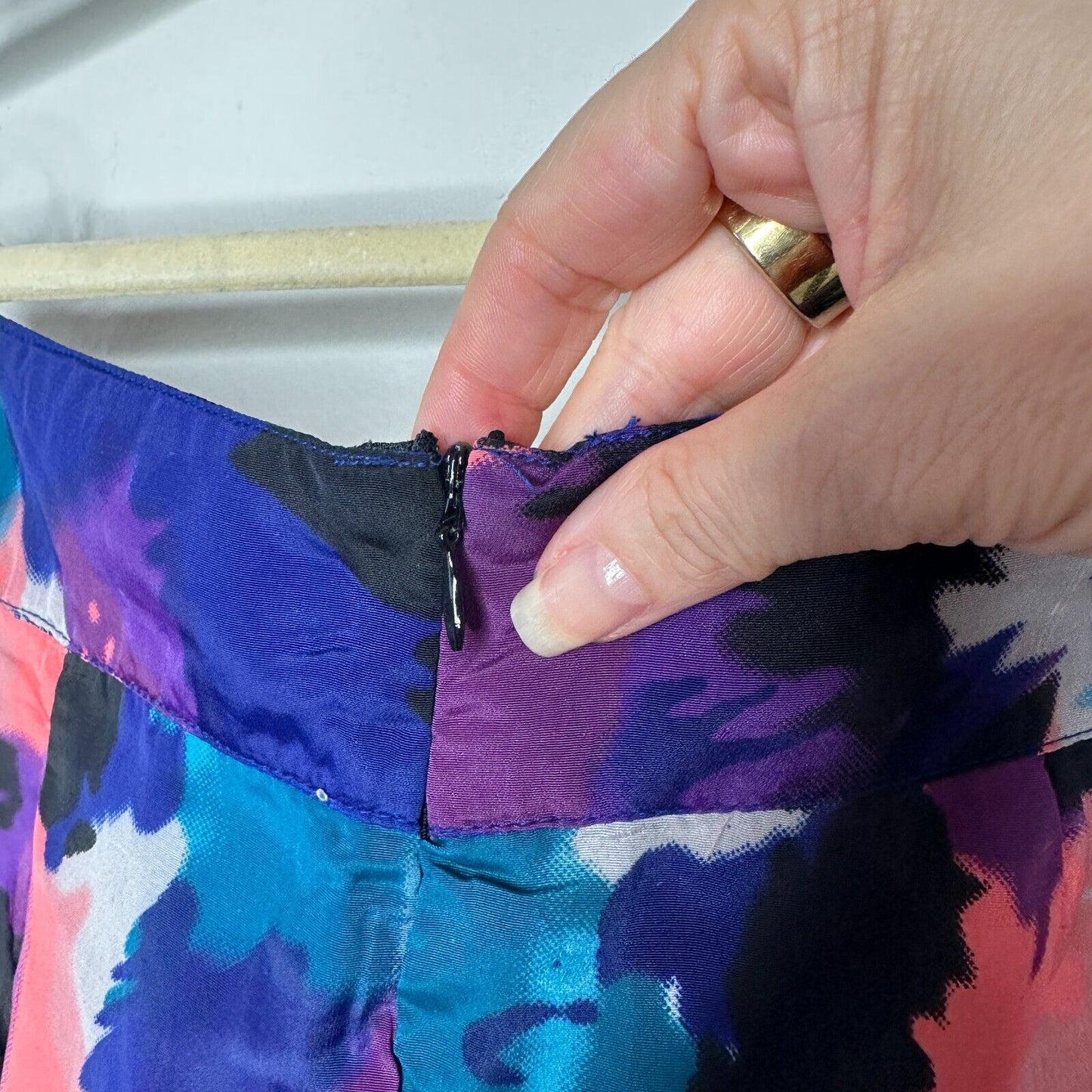 Delicia Satin Purple Pink Blue Geometric Light Side Tulip Zip Back Skirt S