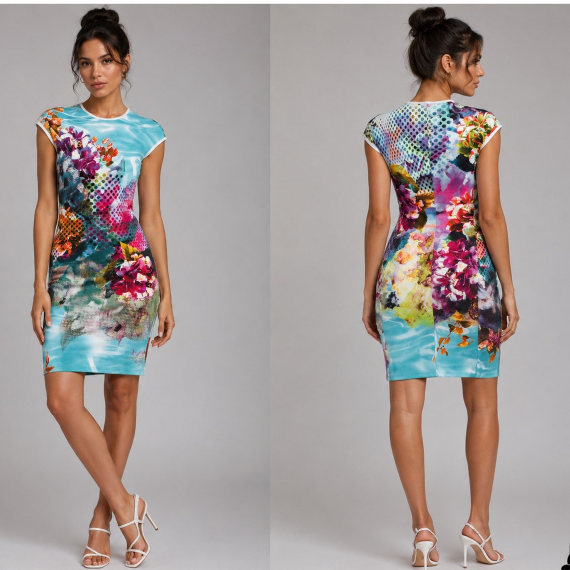 Clover Canyon Pool Flower Neoprene MultiColor Aqua Bodycon Dress XS