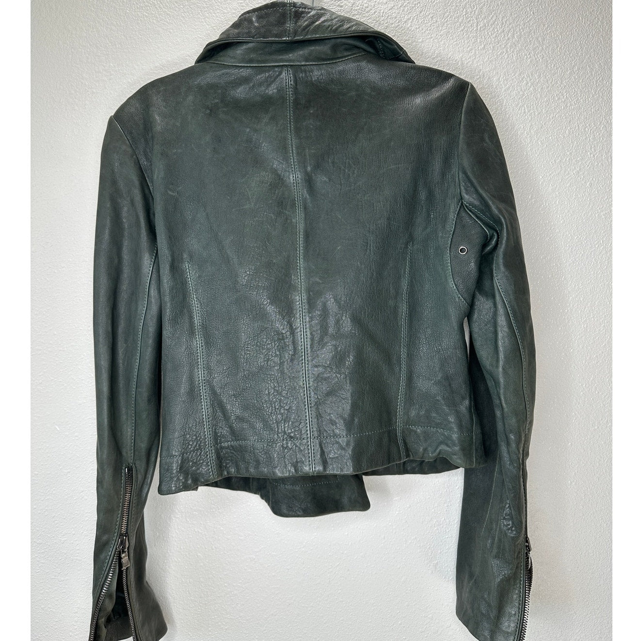 Andrew Marc Olive Green Diagonal Front Zip Leather Moto Jacket XS