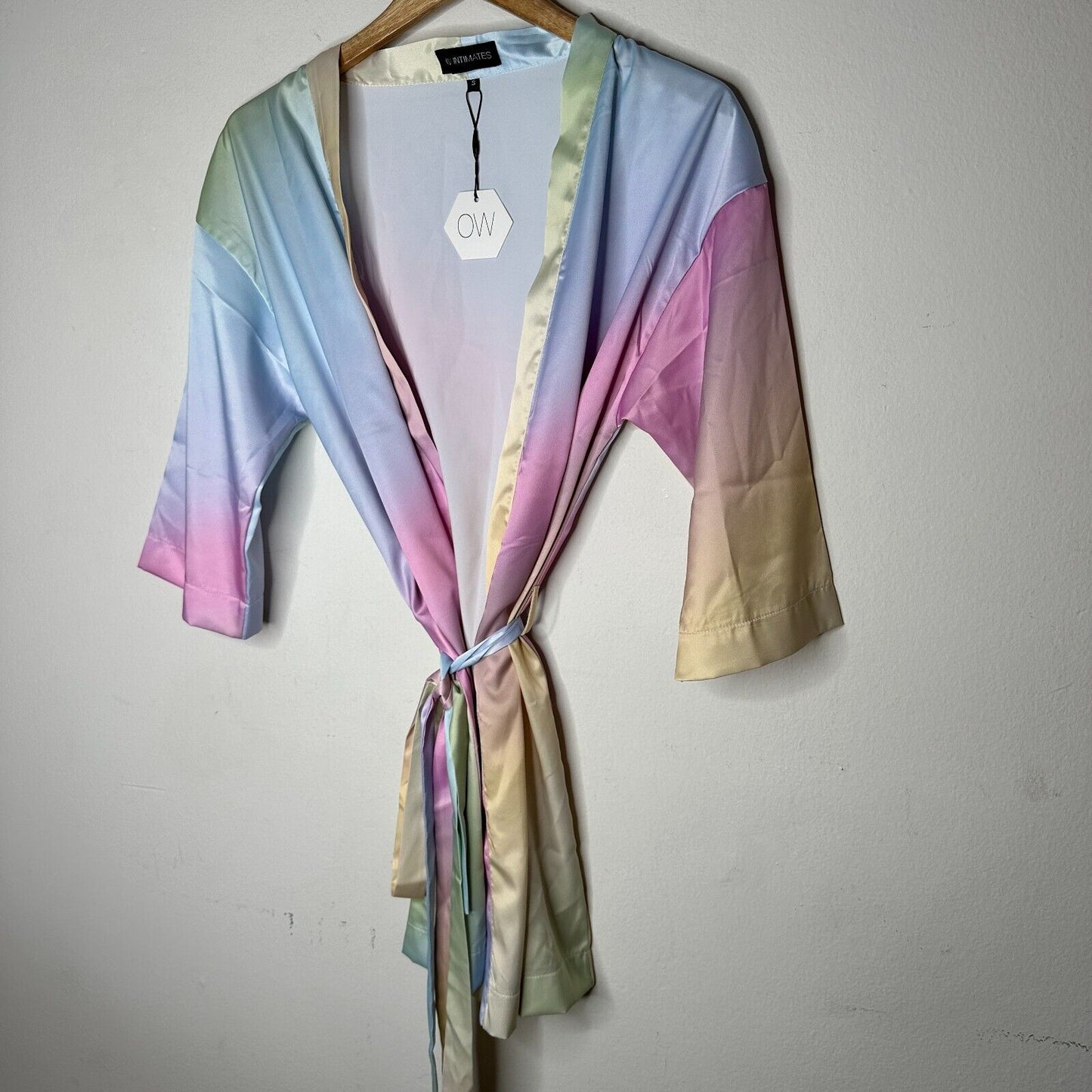 NWT OW Intimates Pastel Rainbow Kimono Open Satin Style Tie Waist Robe Small